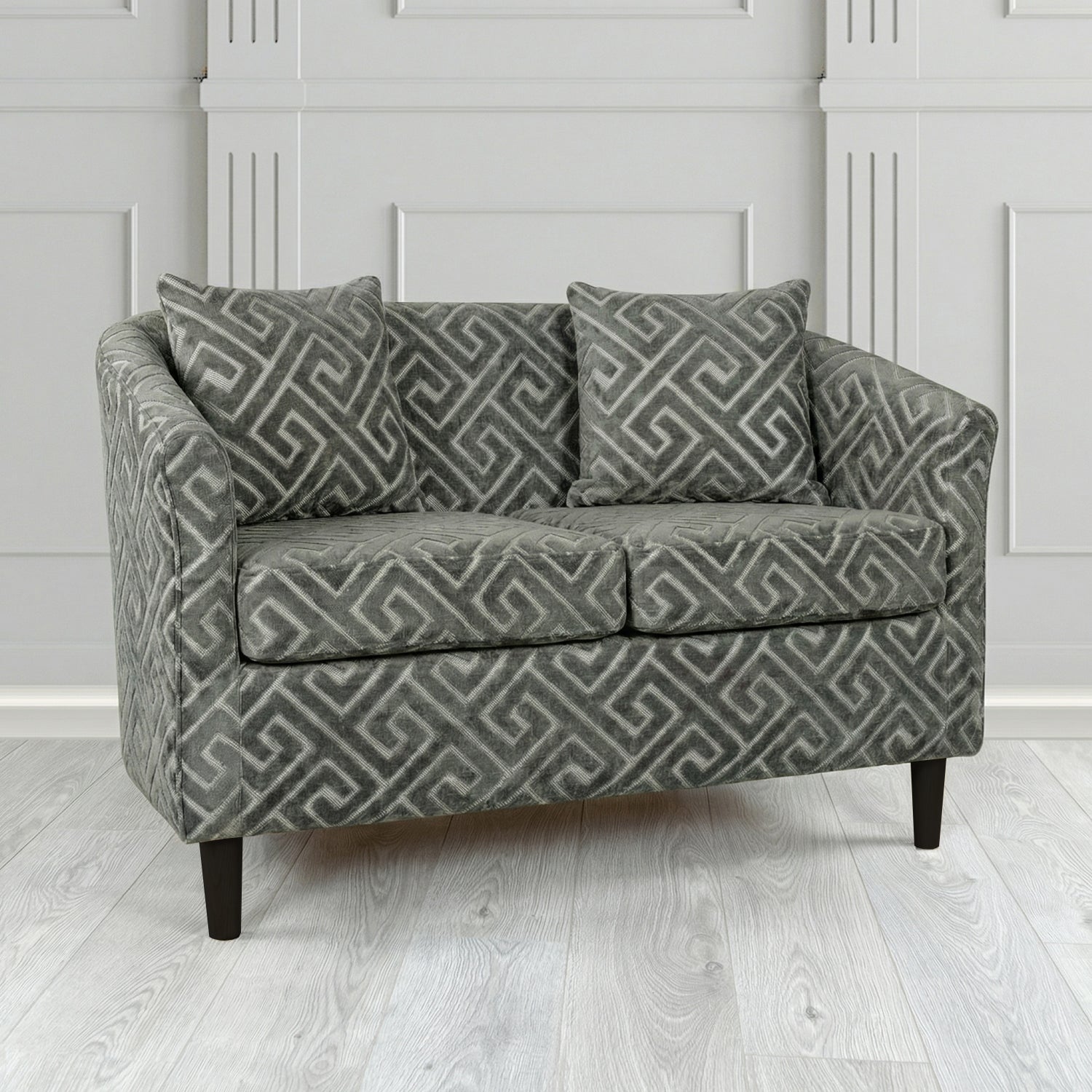 St Tropez 2 Seater Tub Sofa in Cristina Marrone Extravaganza Greek Key Geometric Fabric with Scatter Cushion