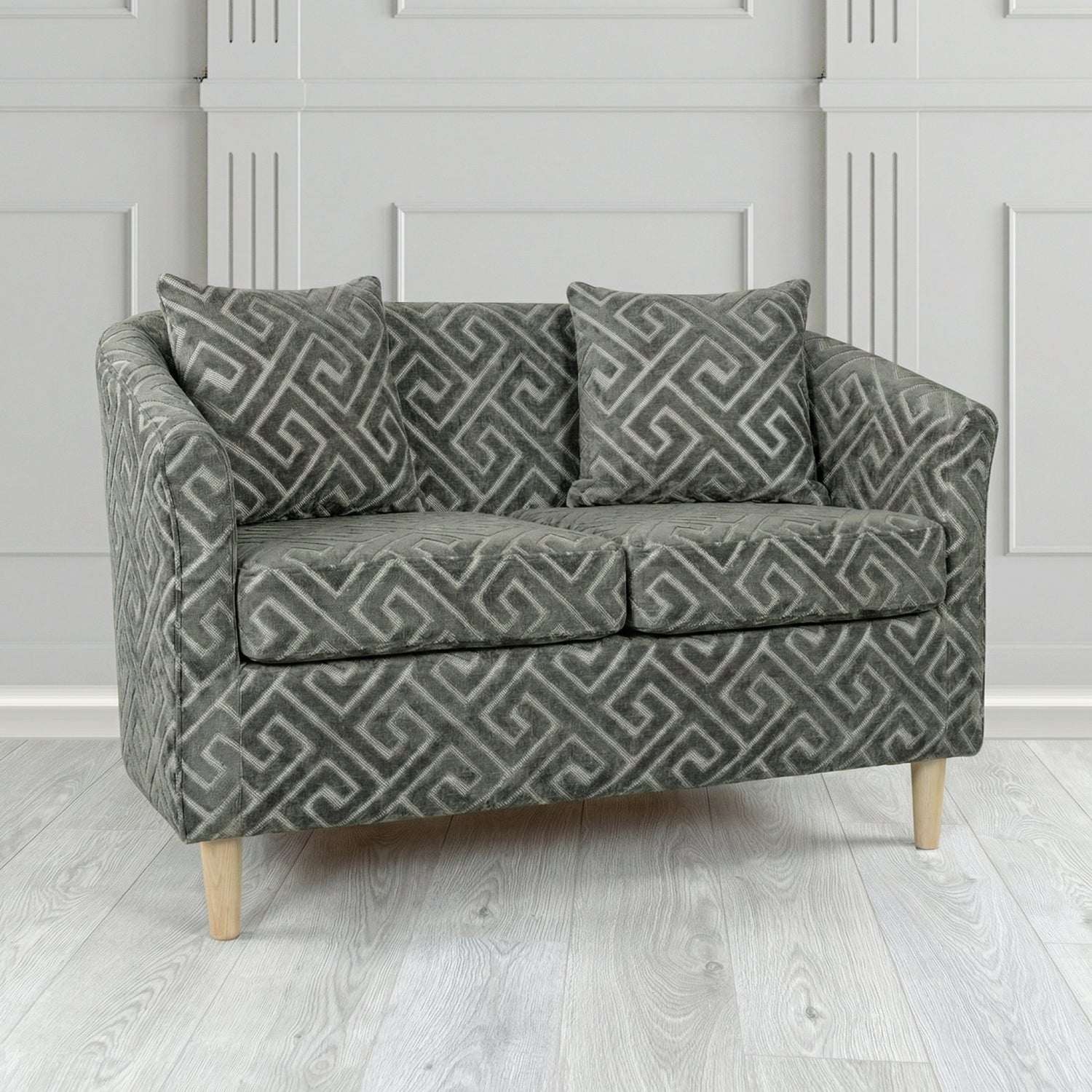 St Tropez 2 Seater Tub Sofa in Cristina Marrone Extravaganza Greek Key Geometric Fabric with Scatter Cushion