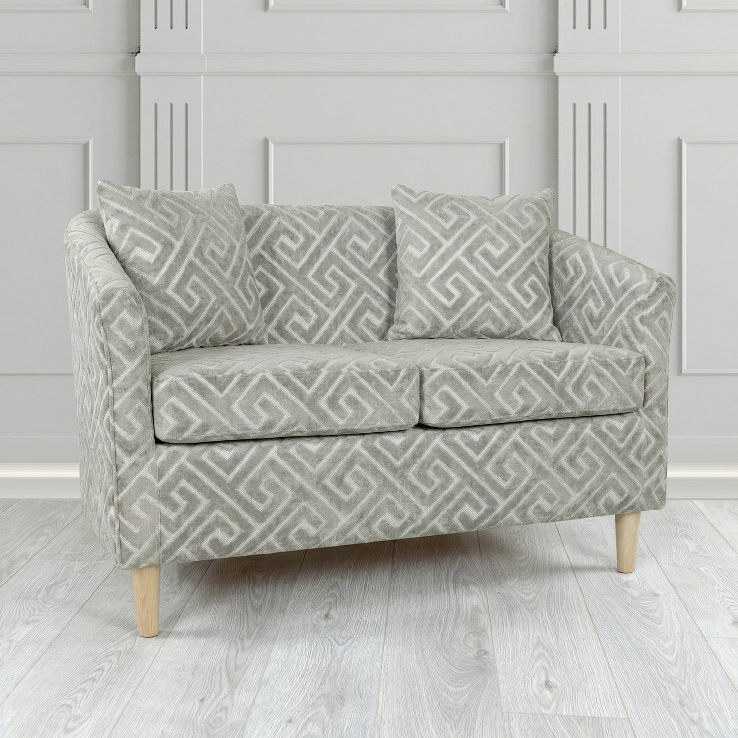 St Tropez 2 Seater Tub Sofa in Cristina Marrone Extravaganza Greek Key Geometric Fabric with Scatter Cushion