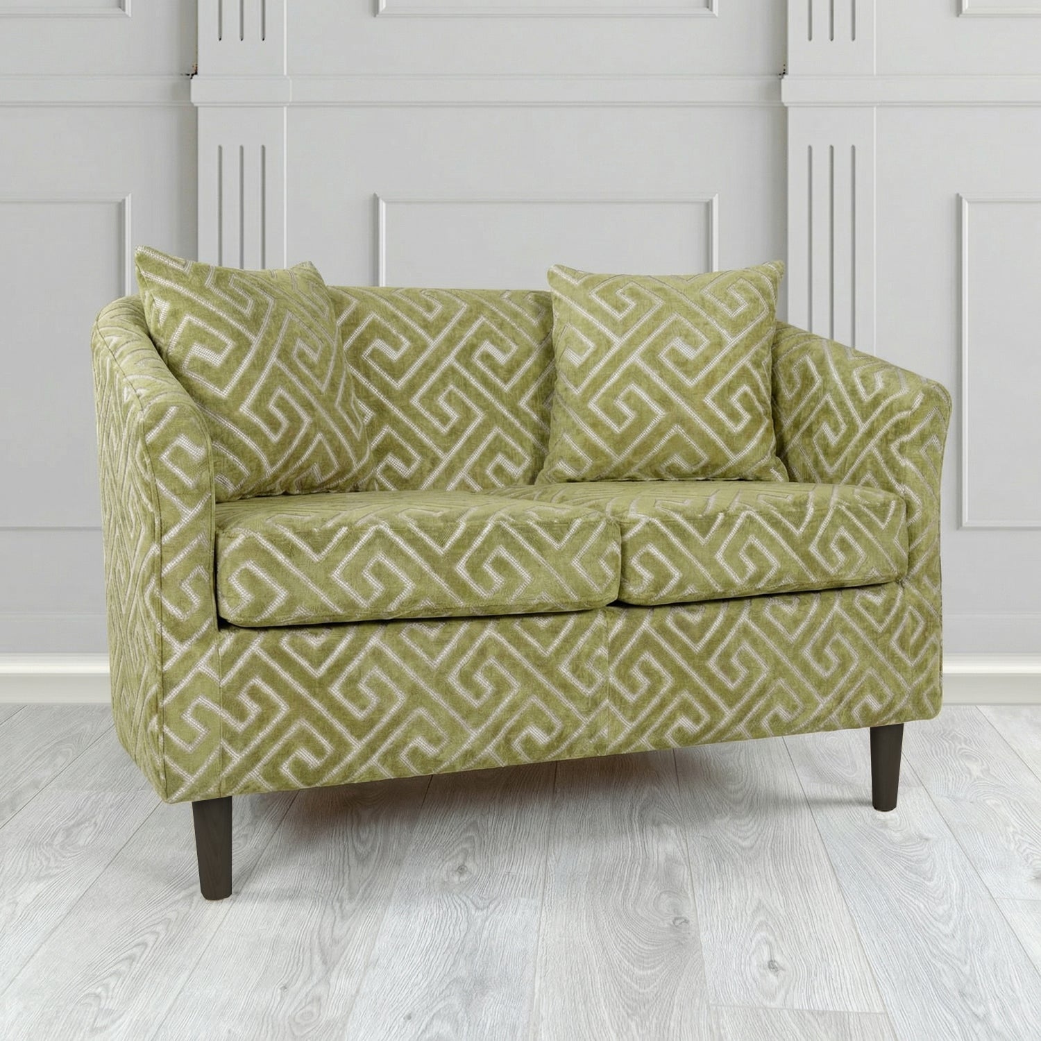 St Tropez 2 Seater Tub Sofa in Cristina Marrone Extravaganza Greek Key Geometric Fabric with Scatter Cushion