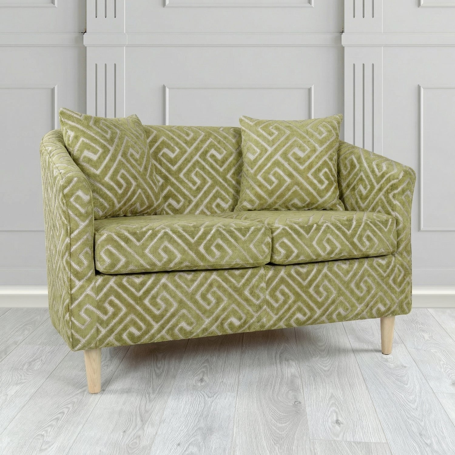 St Tropez 2 Seater Tub Sofa in Cristina Marrone Extravaganza Greek Key Geometric Fabric with Scatter Cushion