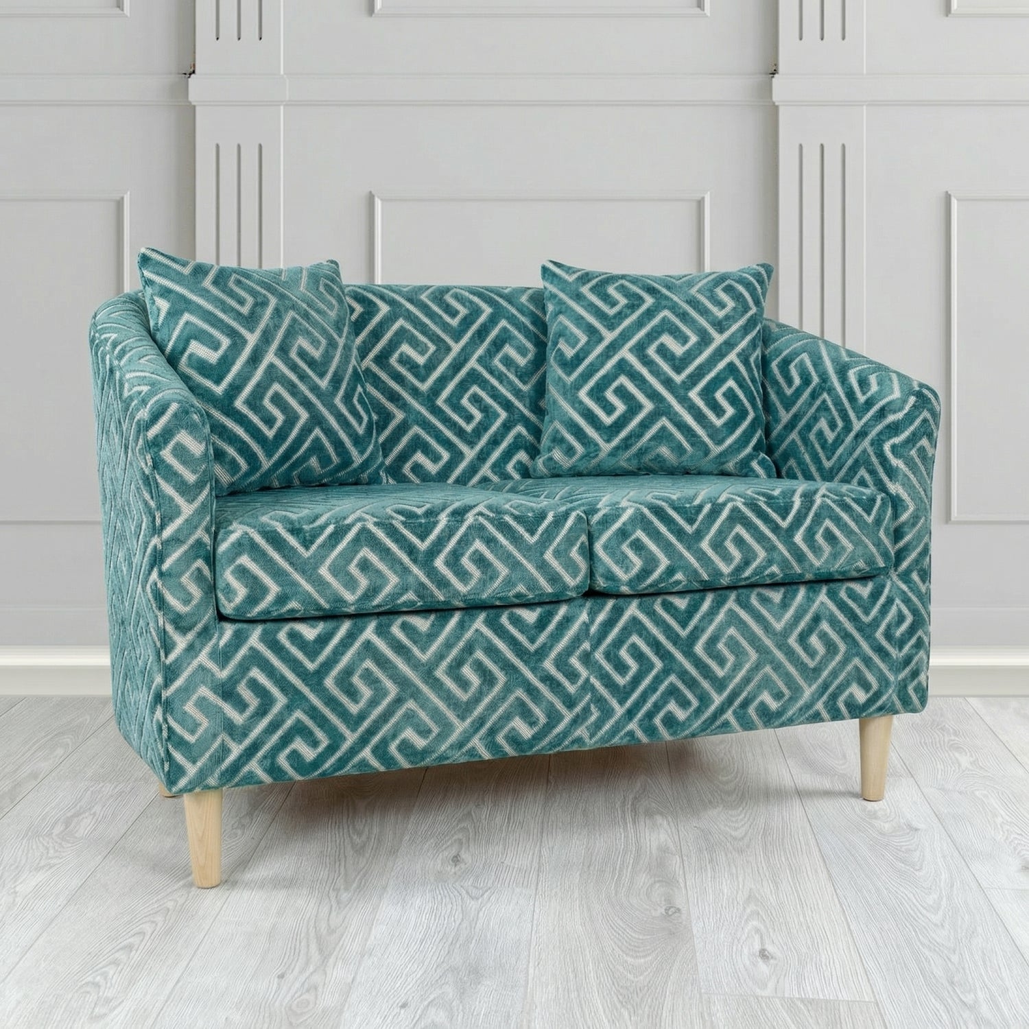 St Tropez 2 Seater Tub Sofa in Cristina Marrone Extravaganza Greek Key Geometric Fabric with Scatter Cushion