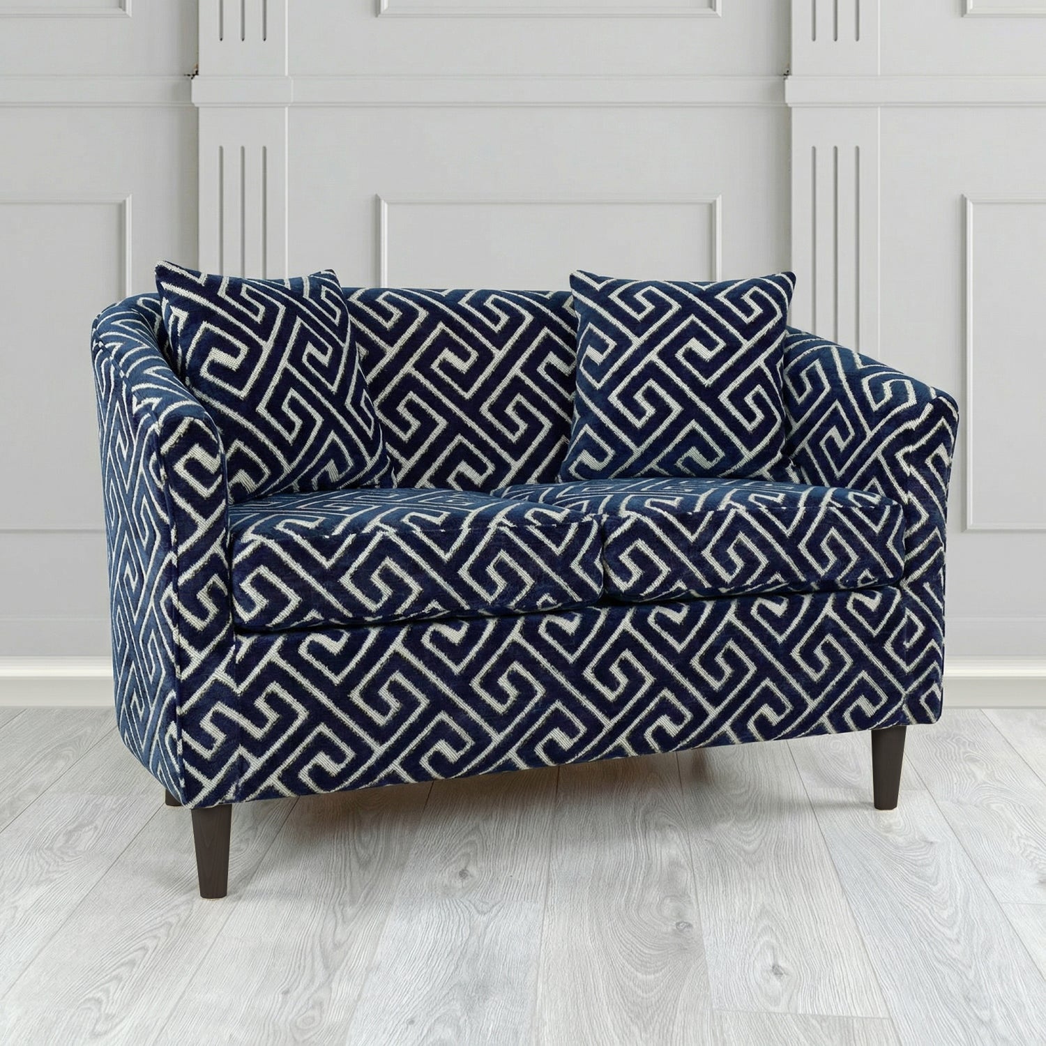 St Tropez 2 Seater Tub Sofa in Cristina Marrone Extravaganza Greek Key Geometric Fabric with Scatter Cushion