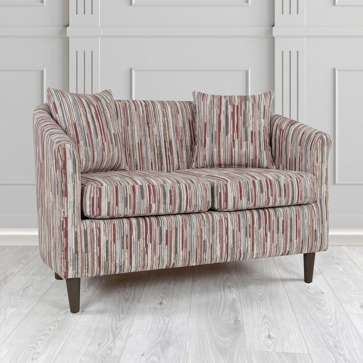St Tropez 2 Seater Tub Sofa in Cristina Marrone Extravaganza Stripe Fabric with Scatter Cushion