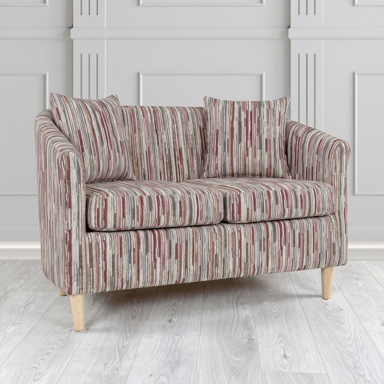 St Tropez 2 Seater Tub Sofa in Cristina Marrone Extravaganza Stripe Fabric with Scatter Cushion