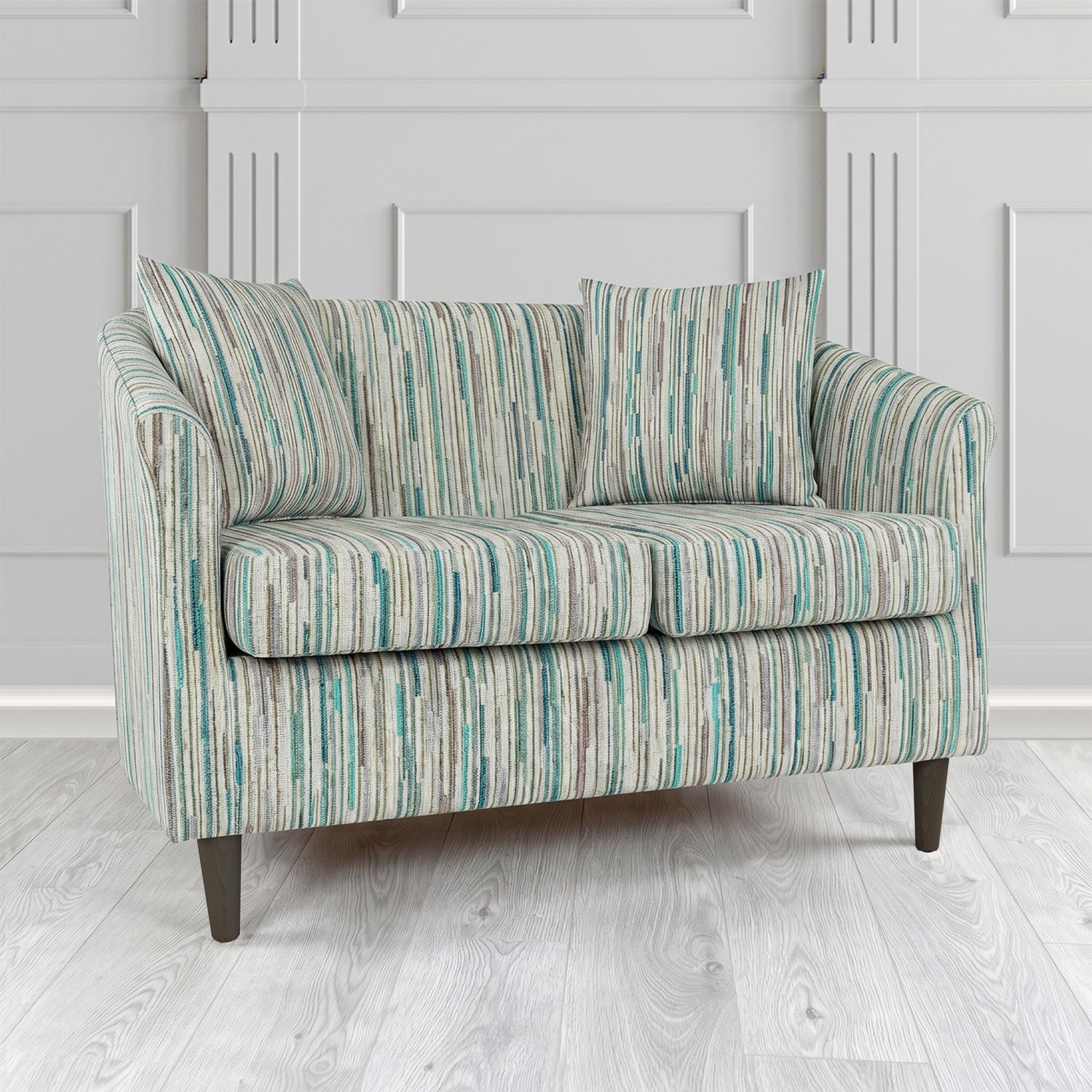 St Tropez 2 Seater Tub Sofa in Cristina Marrone Extravaganza Stripe Fabric with Scatter Cushion
