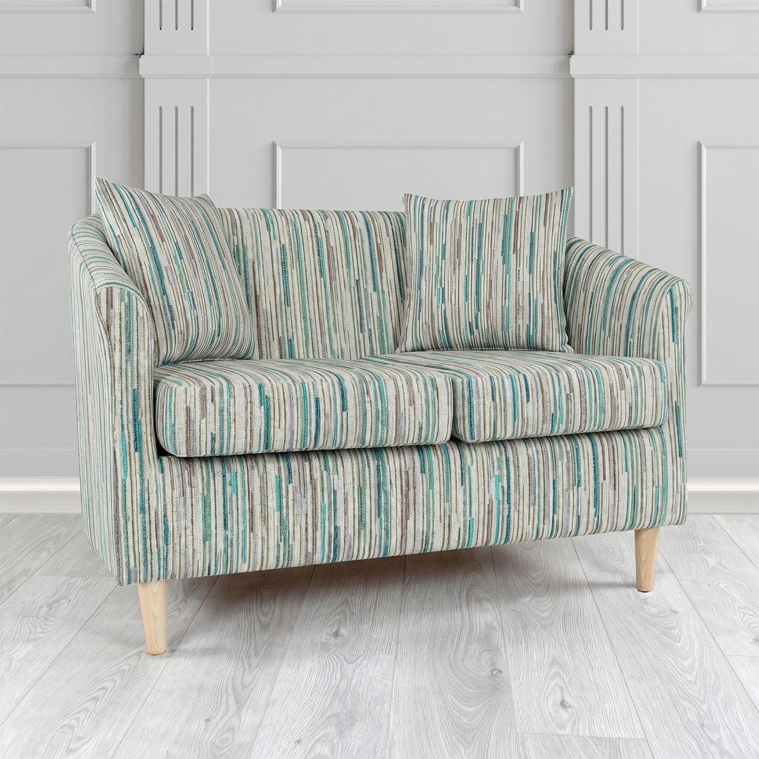 St Tropez 2 Seater Tub Sofa in Cristina Marrone Extravaganza Stripe Fabric with Scatter Cushion