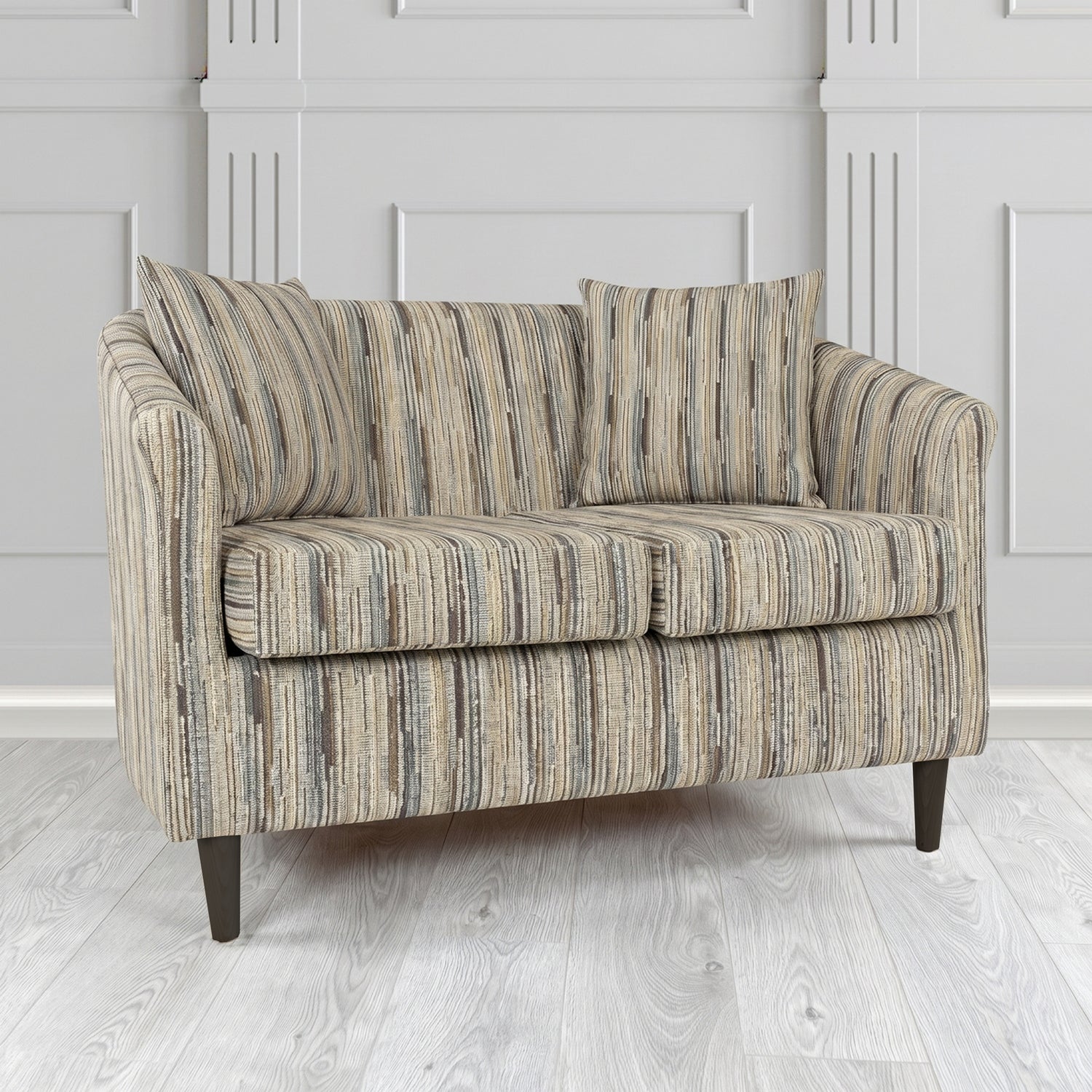 St Tropez 2 Seater Tub Sofa in Cristina Marrone Extravaganza Stripe Fabric with Scatter Cushion