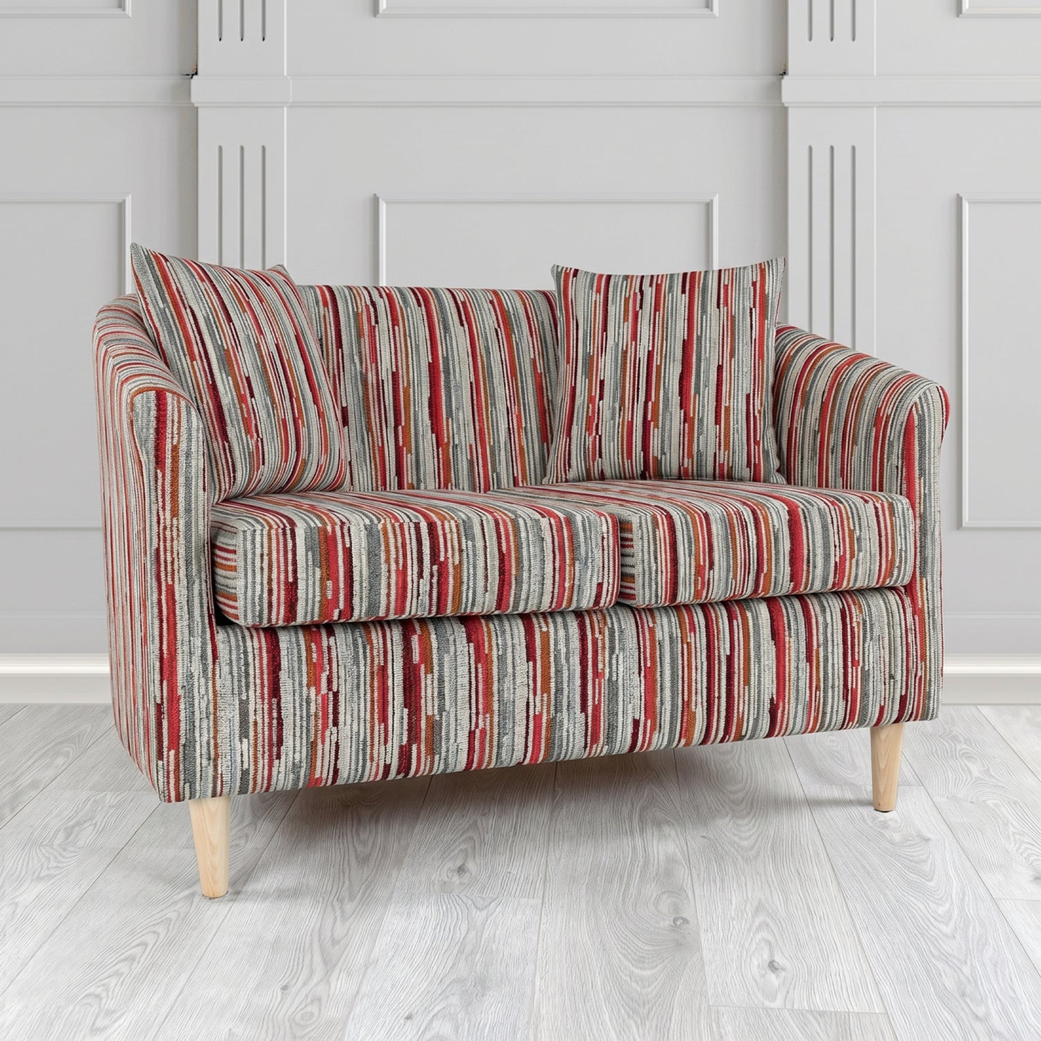 St Tropez 2 Seater Tub Sofa in Cristina Marrone Extravaganza Stripe Fabric with Scatter Cushion