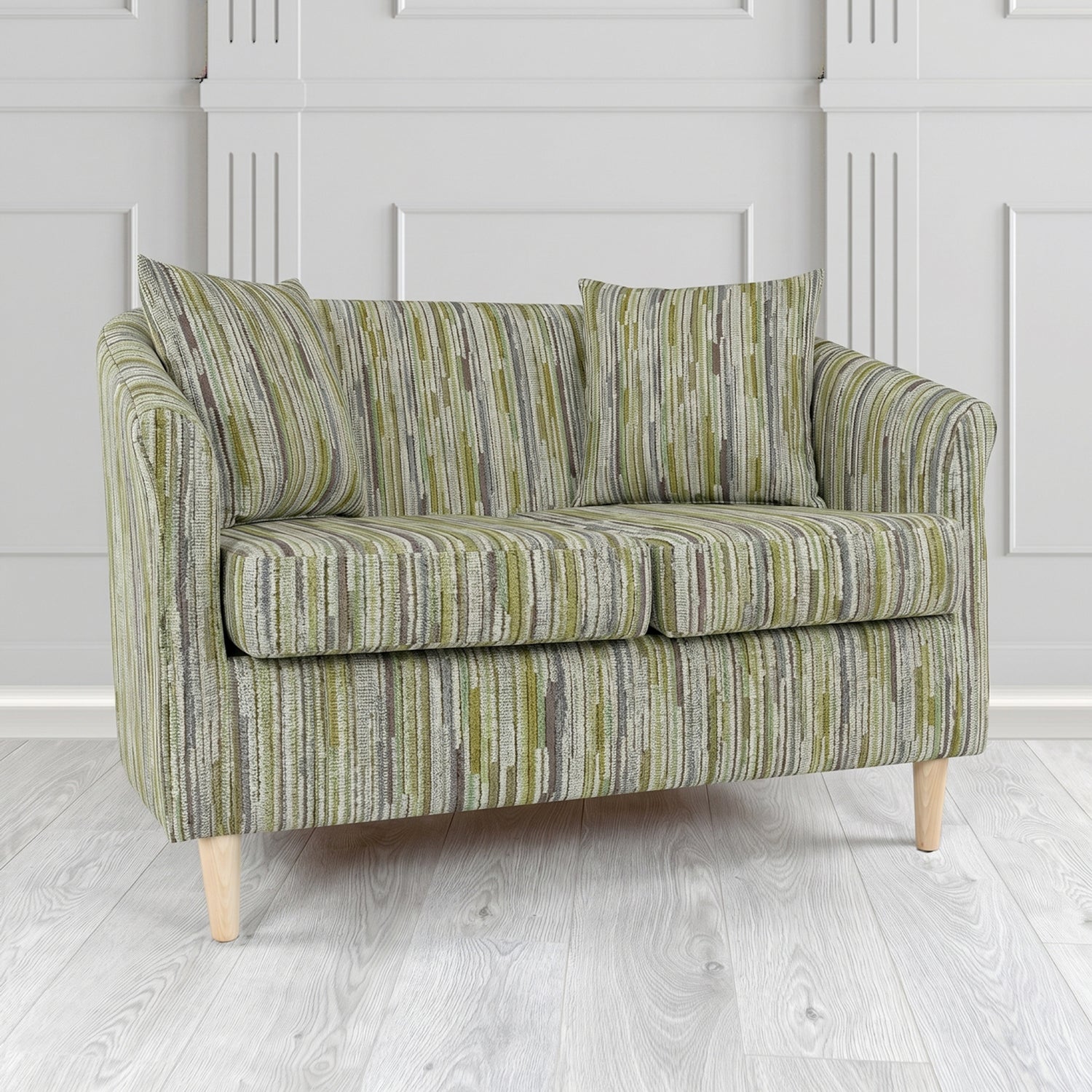 St Tropez 2 Seater Tub Sofa in Cristina Marrone Extravaganza Stripe Fabric with Scatter Cushion
