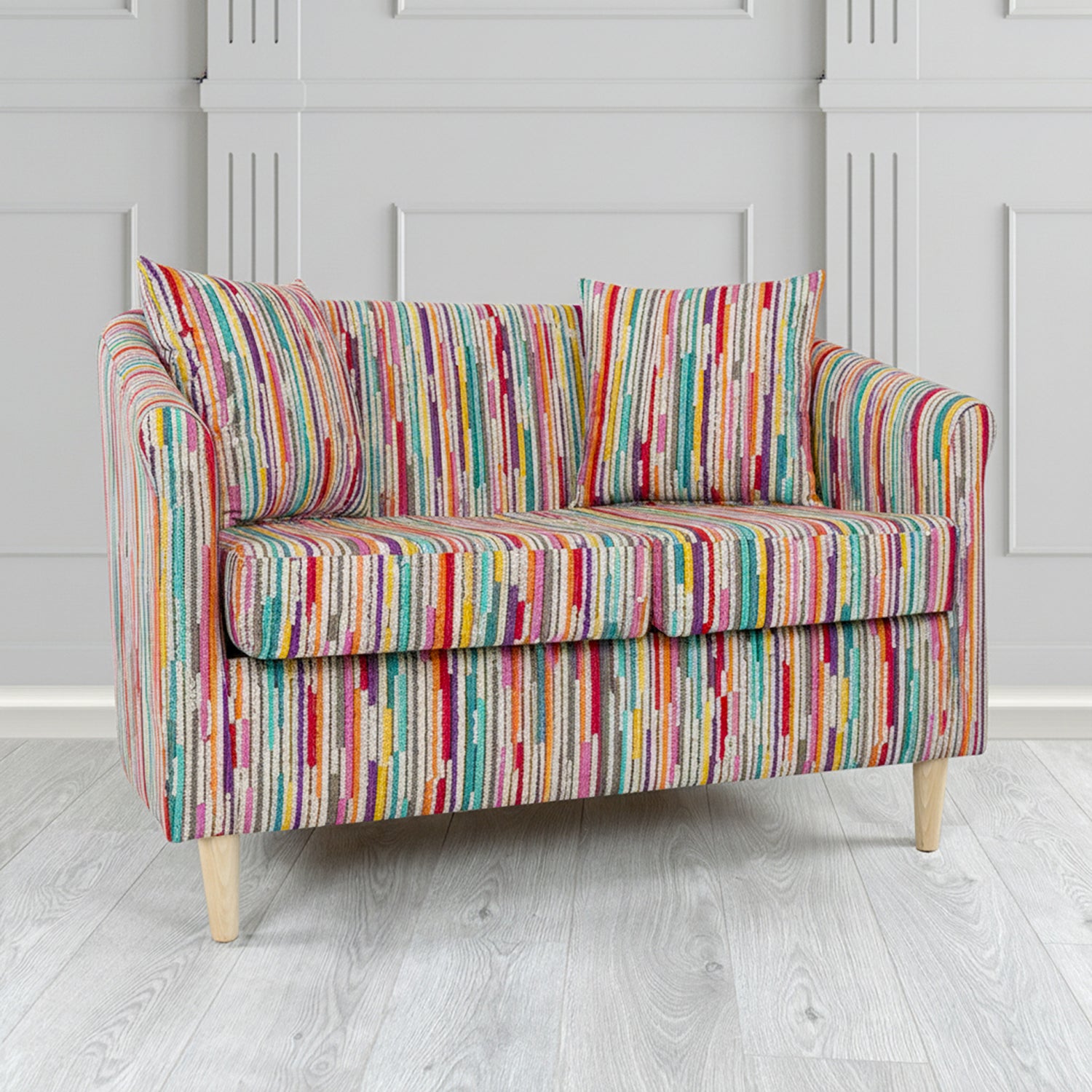 St Tropez 2 Seater Tub Sofa in Cristina Marrone Extravaganza Stripe Fabric with Scatter Cushion