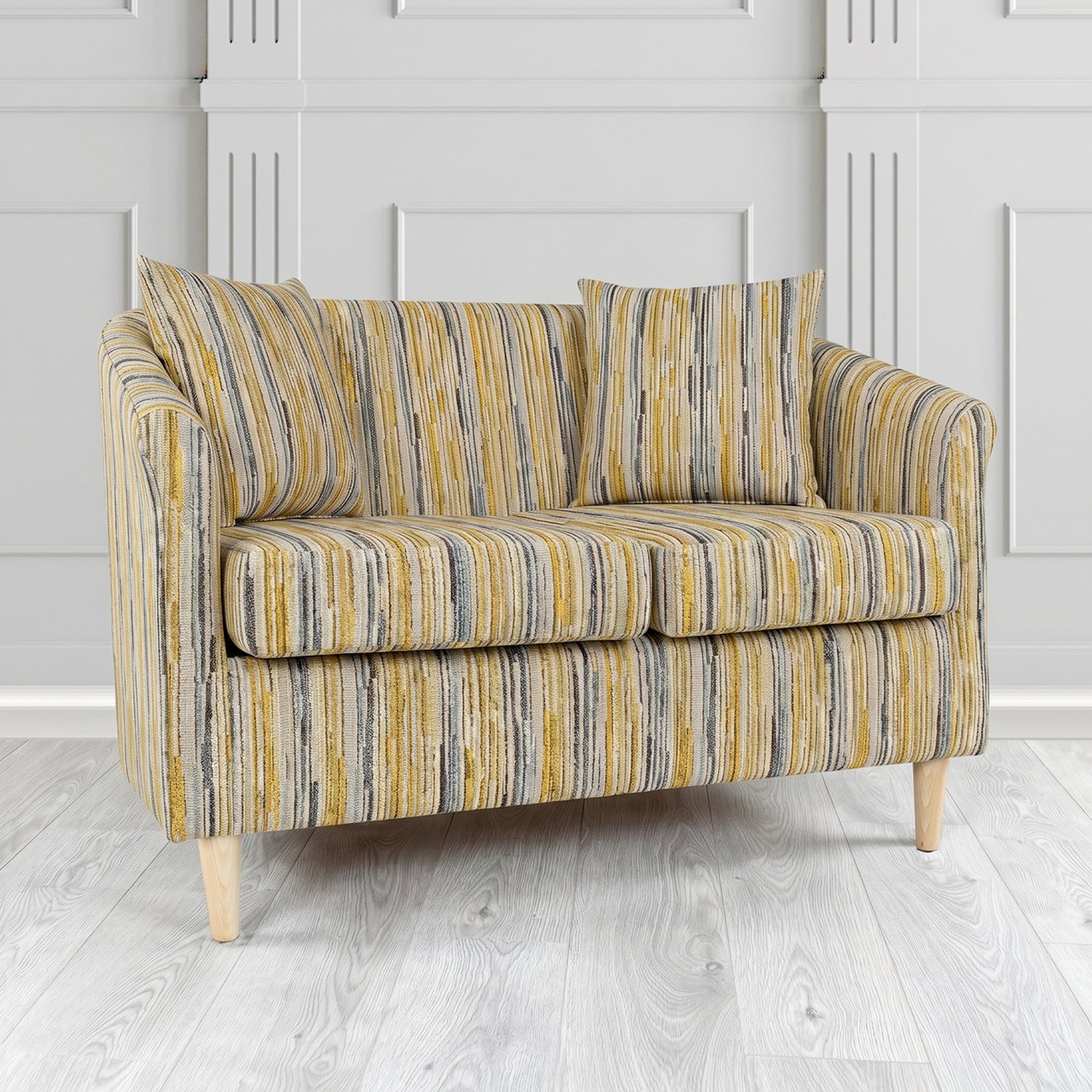 St Tropez 2 Seater Tub Sofa in Cristina Marrone Extravaganza Stripe Fabric with Scatter Cushion
