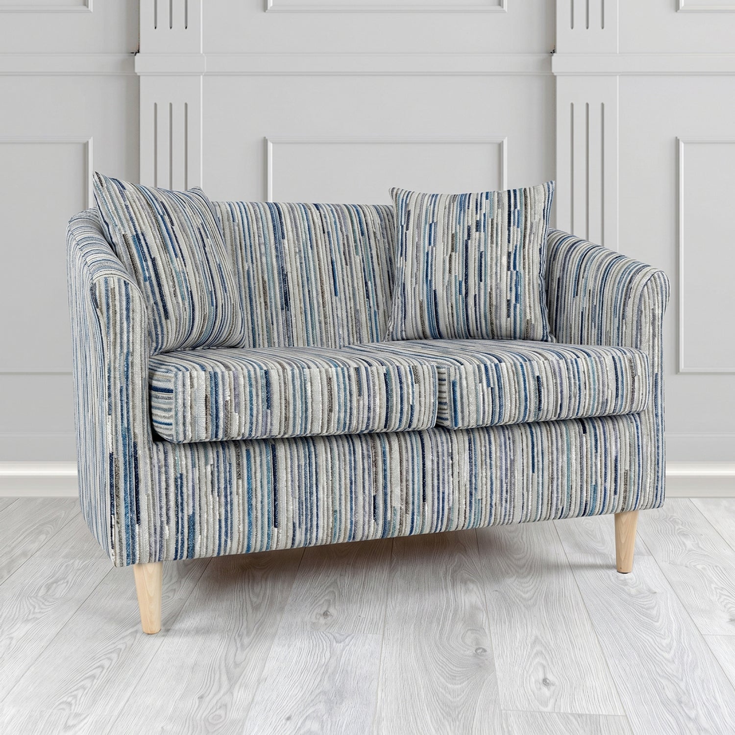 St Tropez 2 Seater Tub Sofa in Cristina Marrone Extravaganza Stripe Fabric with Scatter Cushion