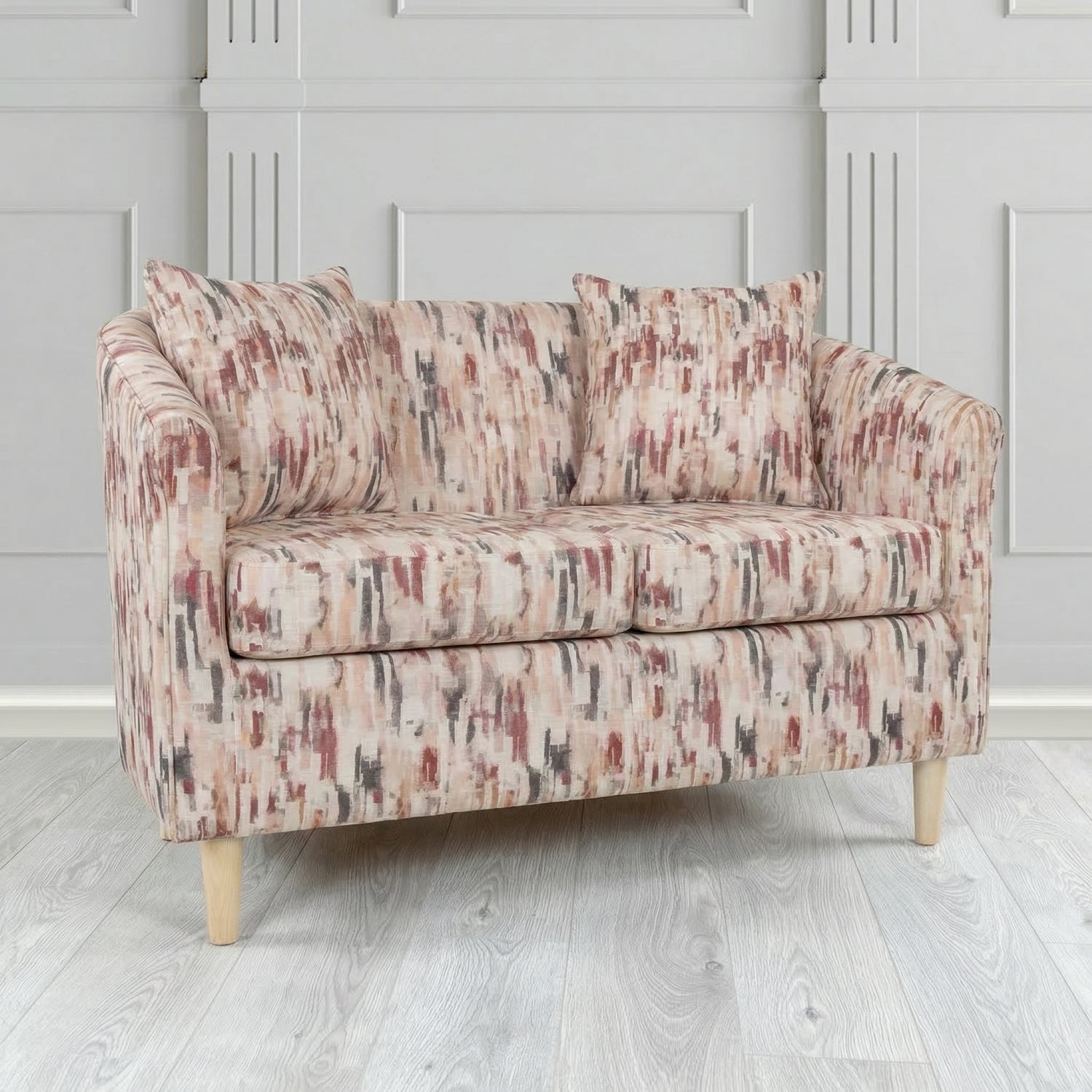 St Tropez 2 Seater Tub Sofa in Fryett's Aura Abstract Pattern Fabric with Scatter Cushion