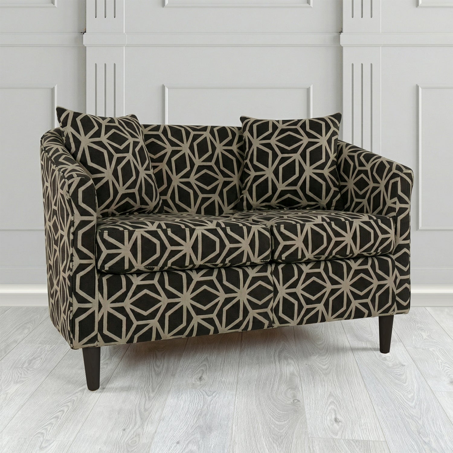 St Tropez 2 Seater Tub Sofa in Panaz Fabrics Lexington Corinthia Geometric Crib 5 Velvet Fabric with Scatter Cushion