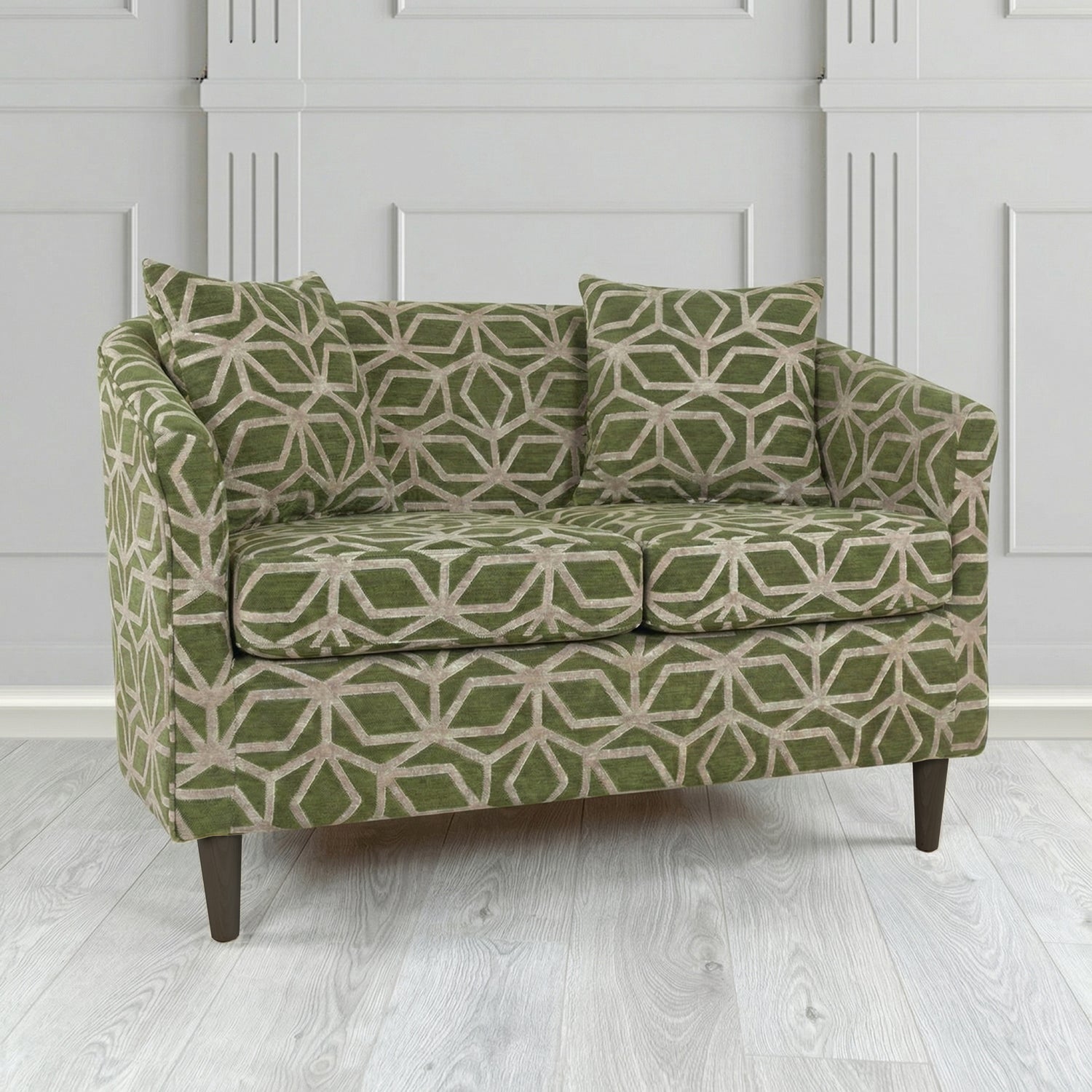 St Tropez 2 Seater Tub Sofa in Panaz Fabrics Lexington Corinthia Geometric Crib 5 Velvet Fabric with Scatter Cushion
