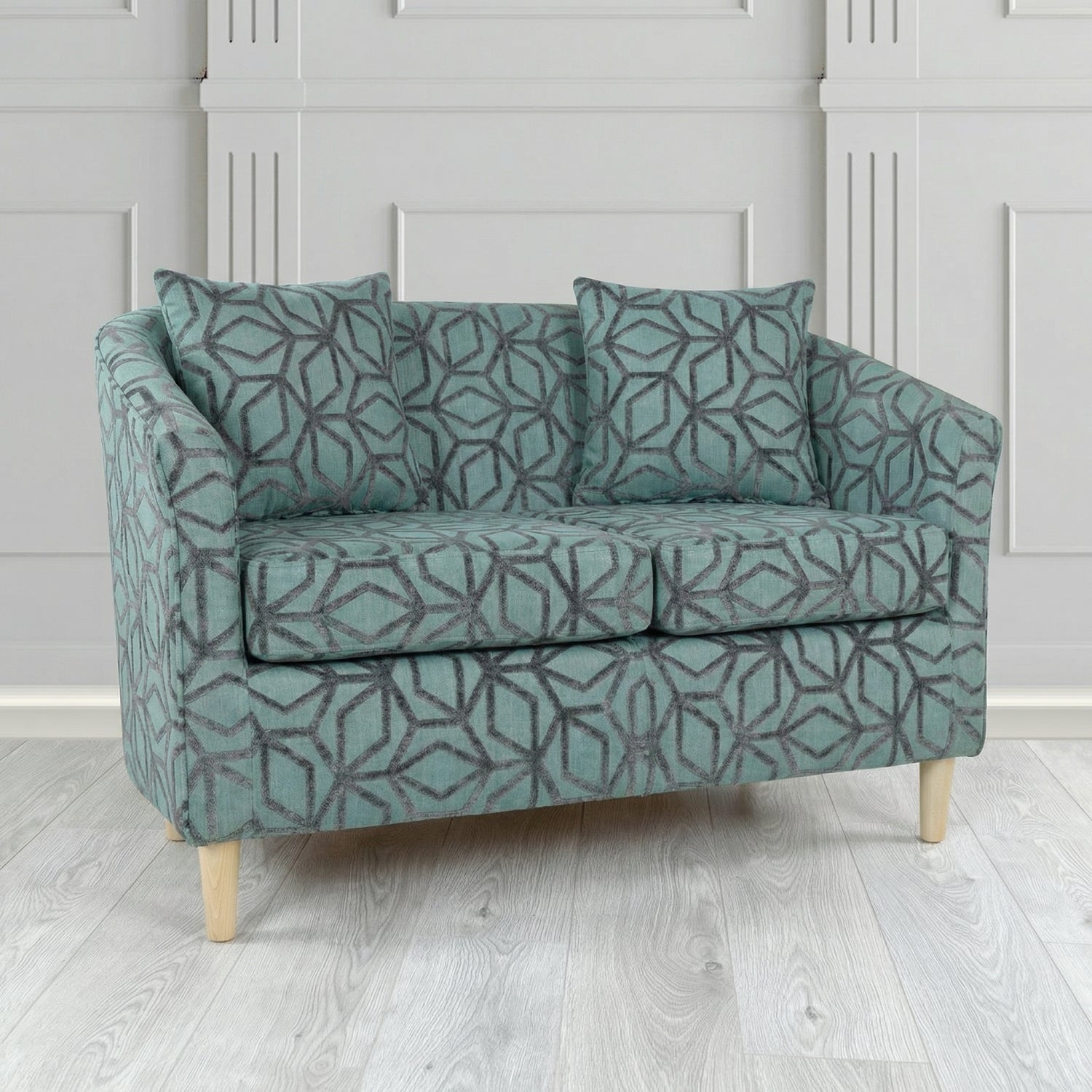 St Tropez 2 Seater Tub Sofa in Panaz Fabrics Lexington Corinthia Geometric Crib 5 Velvet Fabric with Scatter Cushion