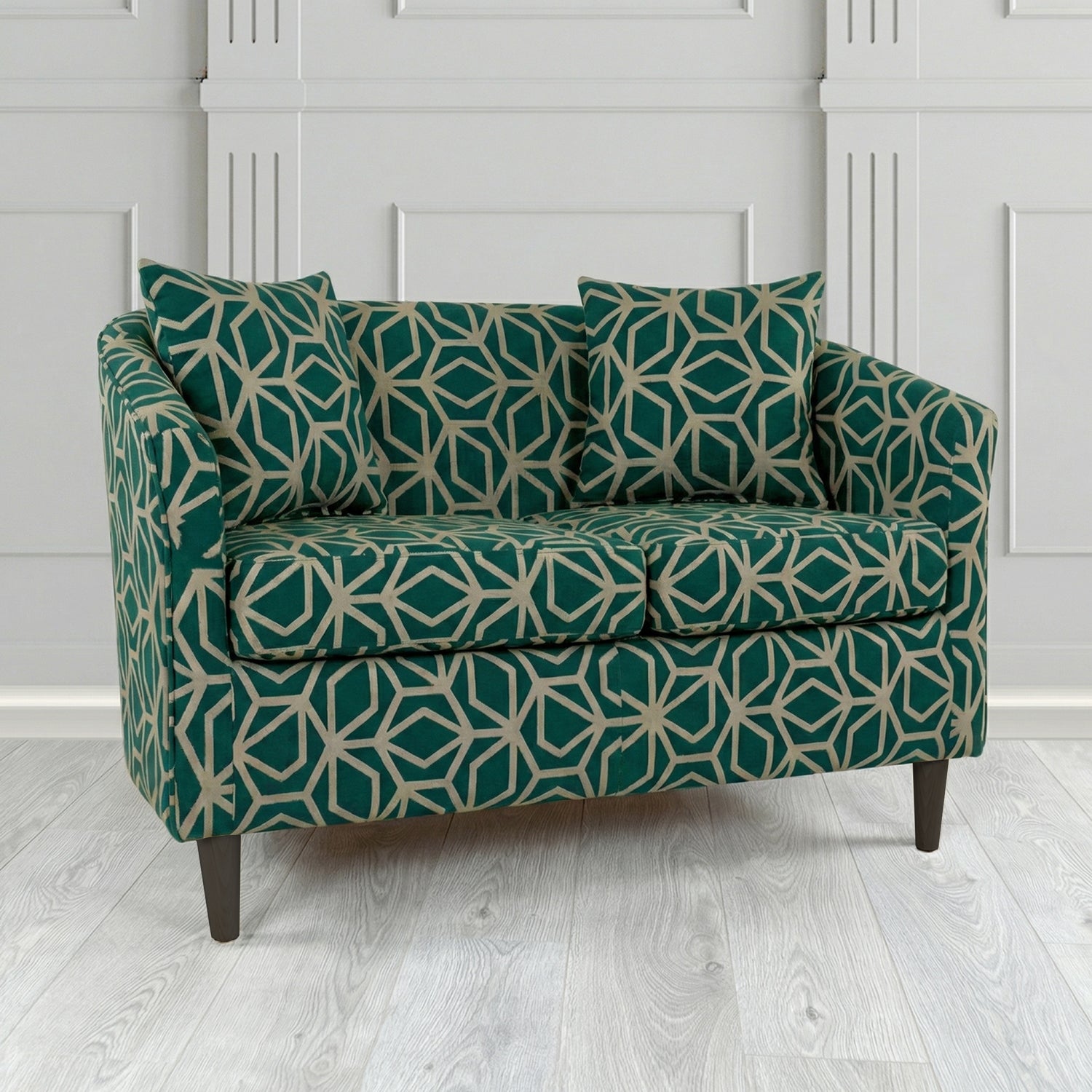 St Tropez 2 Seater Tub Sofa in Panaz Fabrics Lexington Corinthia Geometric Crib 5 Velvet Fabric with Scatter Cushion