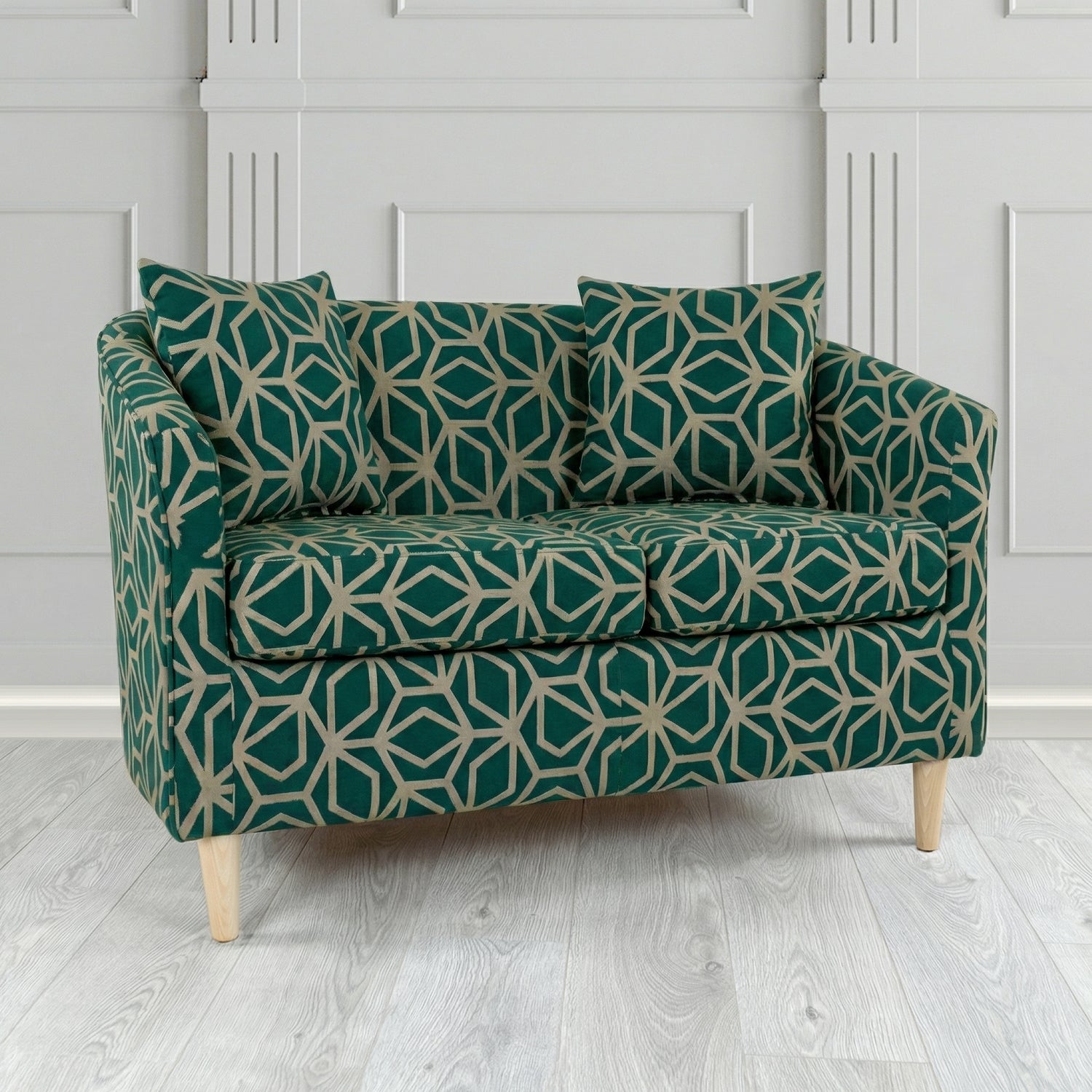 St Tropez 2 Seater Tub Sofa in Panaz Fabrics Lexington Corinthia Geometric Crib 5 Velvet Fabric with Scatter Cushion