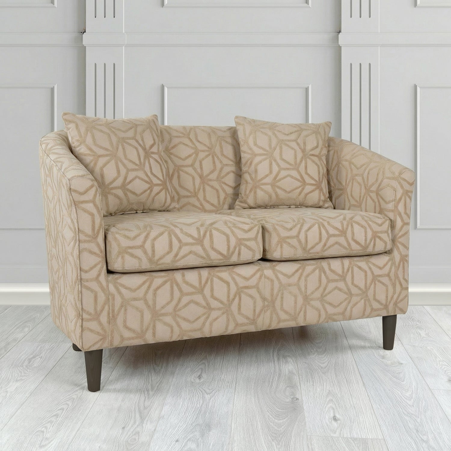 St Tropez 2 Seater Tub Sofa in Panaz Fabrics Lexington Corinthia Geometric Crib 5 Velvet Fabric with Scatter Cushion