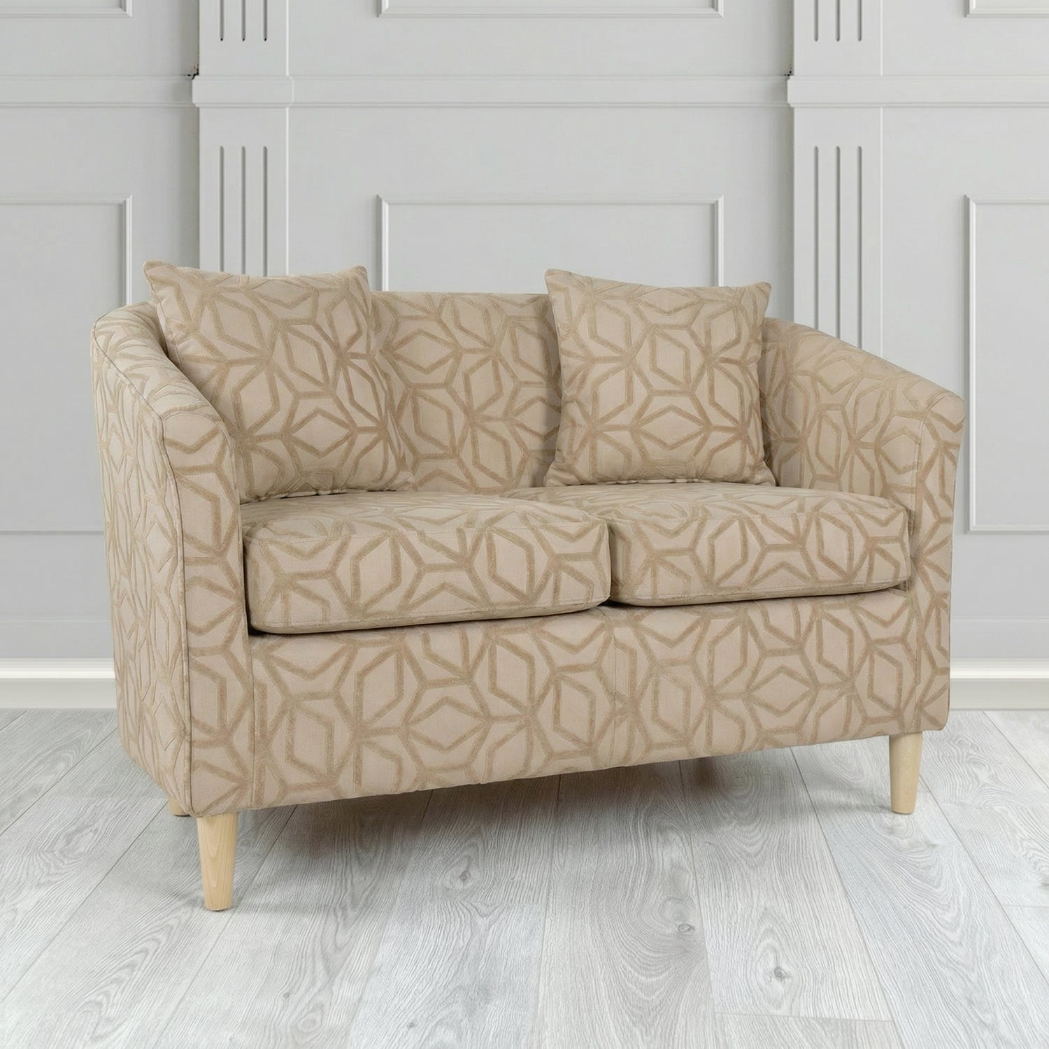 St Tropez 2 Seater Tub Sofa in Panaz Fabrics Lexington Corinthia Geometric Crib 5 Velvet Fabric with Scatter Cushion