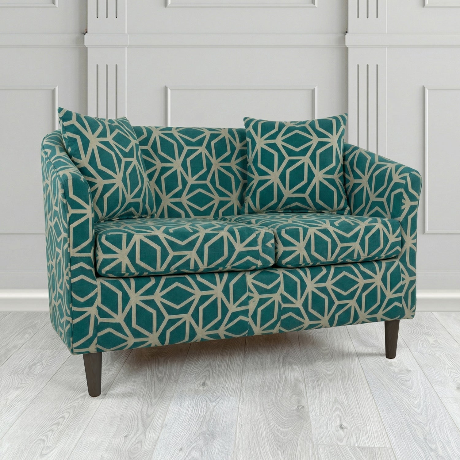 St Tropez 2 Seater Tub Sofa in Panaz Fabrics Lexington Corinthia Geometric Crib 5 Velvet Fabric with Scatter Cushion