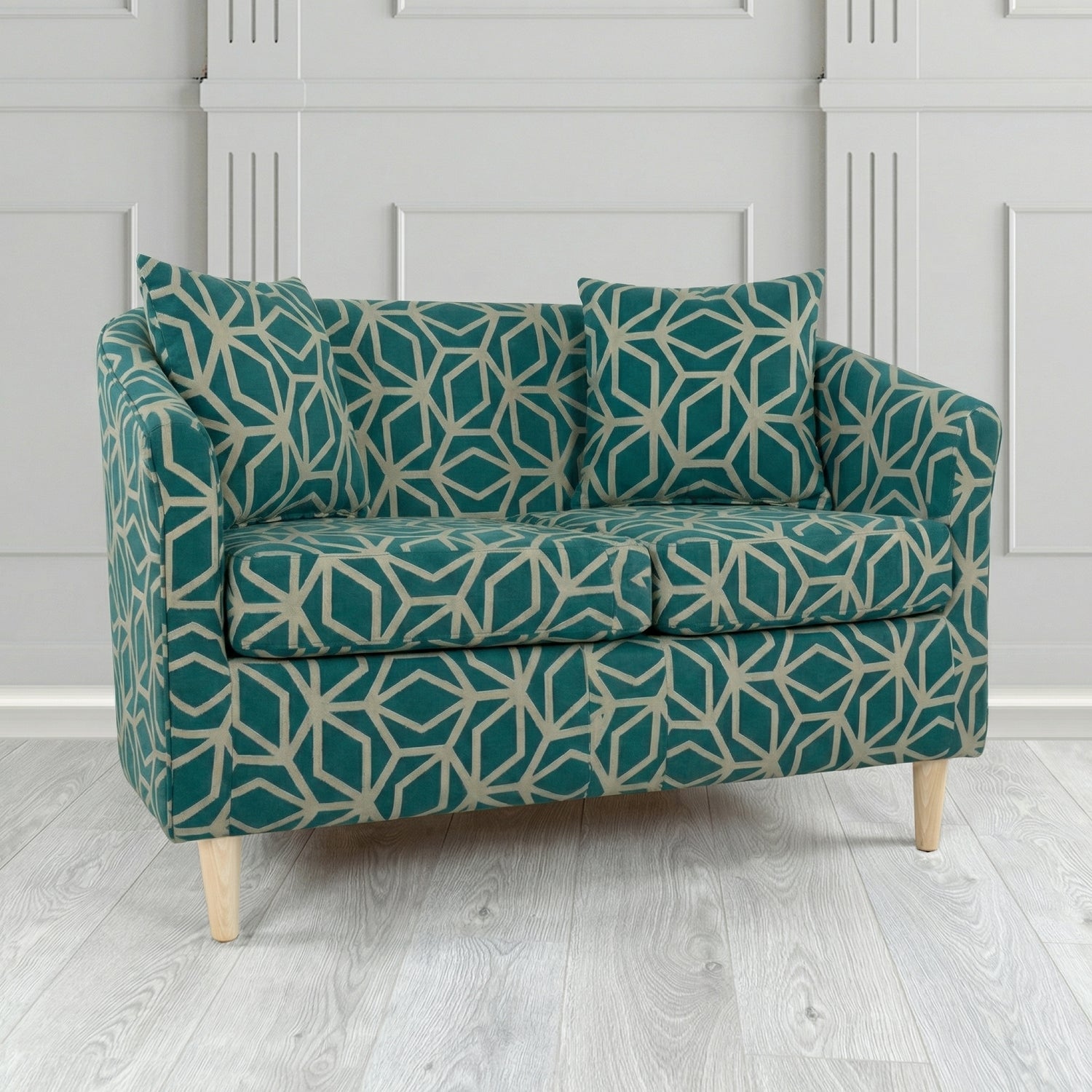 St Tropez 2 Seater Tub Sofa in Panaz Fabrics Lexington Corinthia Geometric Crib 5 Velvet Fabric with Scatter Cushion