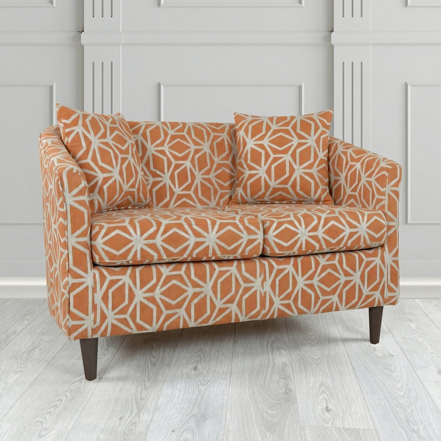 St Tropez 2 Seater Tub Sofa in Panaz Fabrics Lexington Corinthia Geometric Crib 5 Velvet Fabric with Scatter Cushion