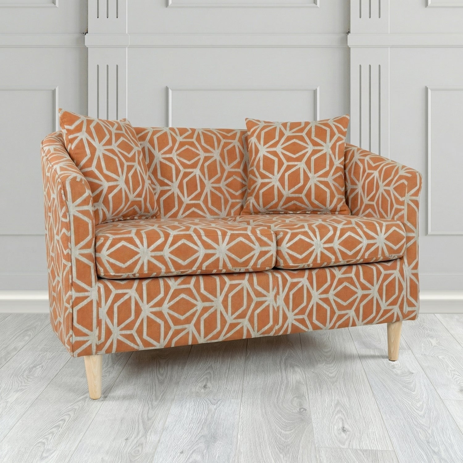 St Tropez 2 Seater Tub Sofa in Panaz Fabrics Lexington Corinthia Geometric Crib 5 Velvet Fabric with Scatter Cushion