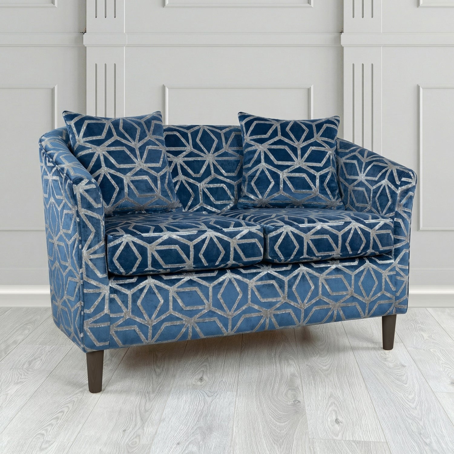 St Tropez 2 Seater Tub Sofa in Panaz Fabrics Lexington Corinthia Geometric Crib 5 Velvet Fabric with Scatter Cushion