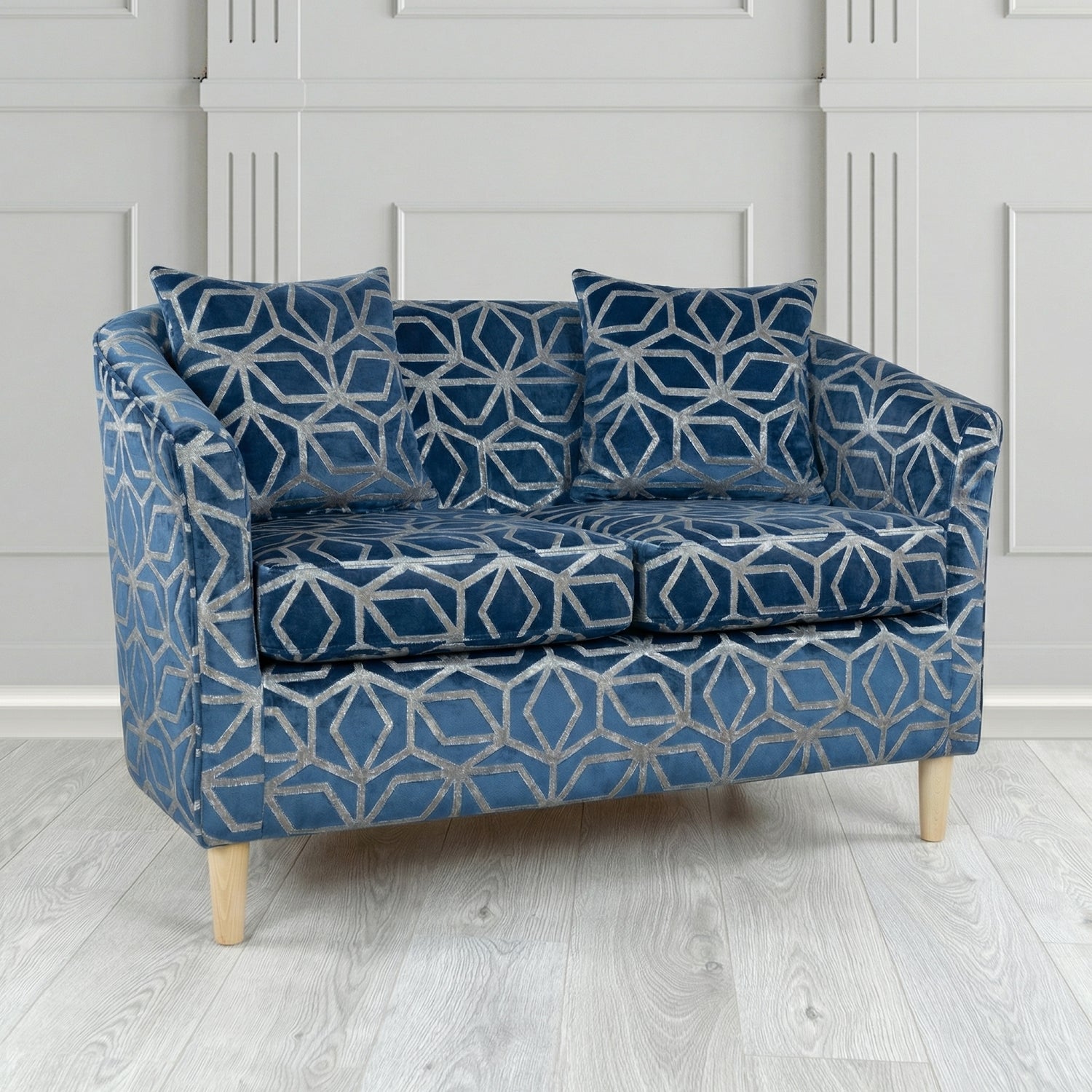 St Tropez 2 Seater Tub Sofa in Panaz Fabrics Lexington Corinthia Geometric Crib 5 Velvet Fabric with Scatter Cushion