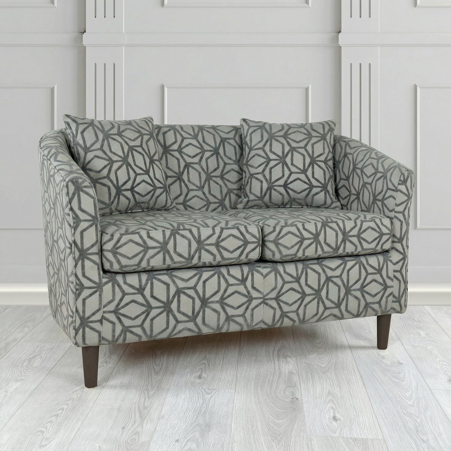 St Tropez 2 Seater Tub Sofa in Panaz Fabrics Lexington Corinthia Geometric Crib 5 Velvet Fabric with Scatter Cushion