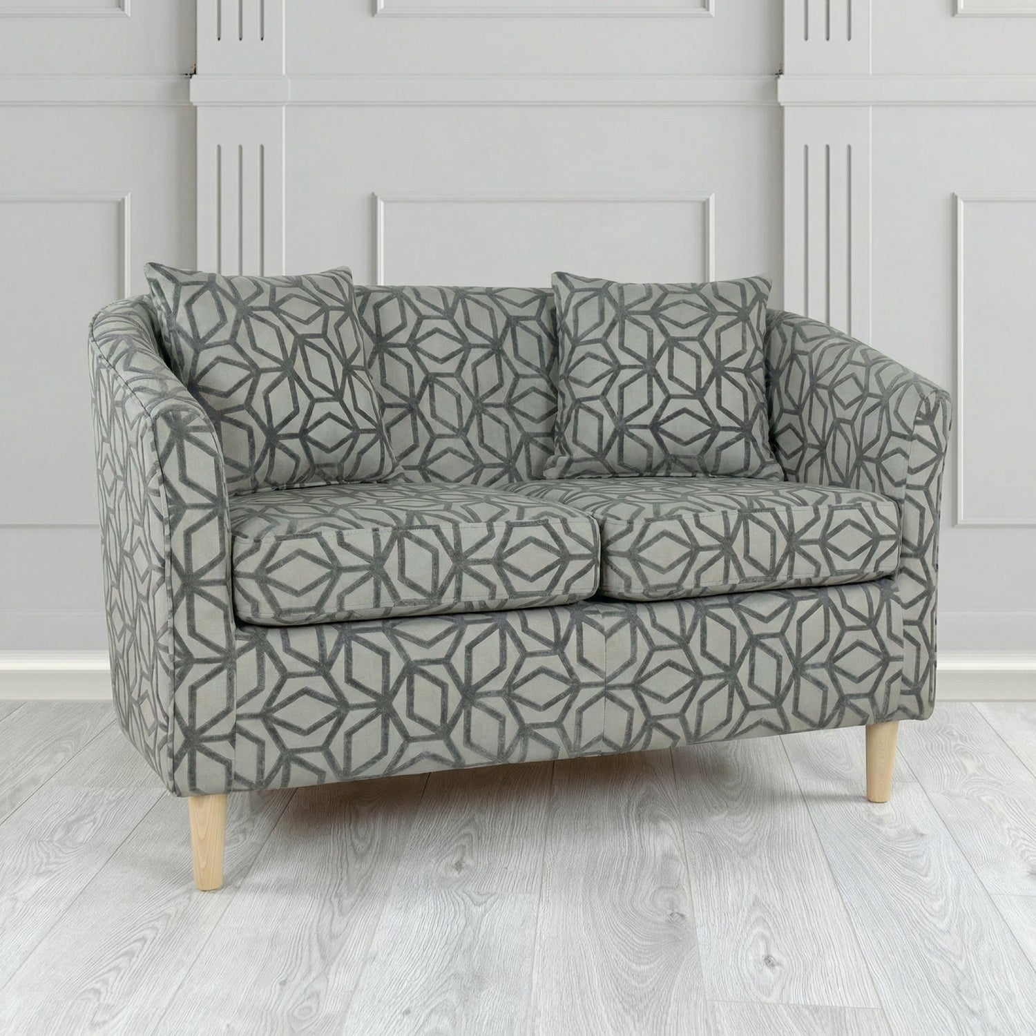St Tropez 2 Seater Tub Sofa in Panaz Fabrics Lexington Corinthia Geometric Crib 5 Velvet Fabric with Scatter Cushion