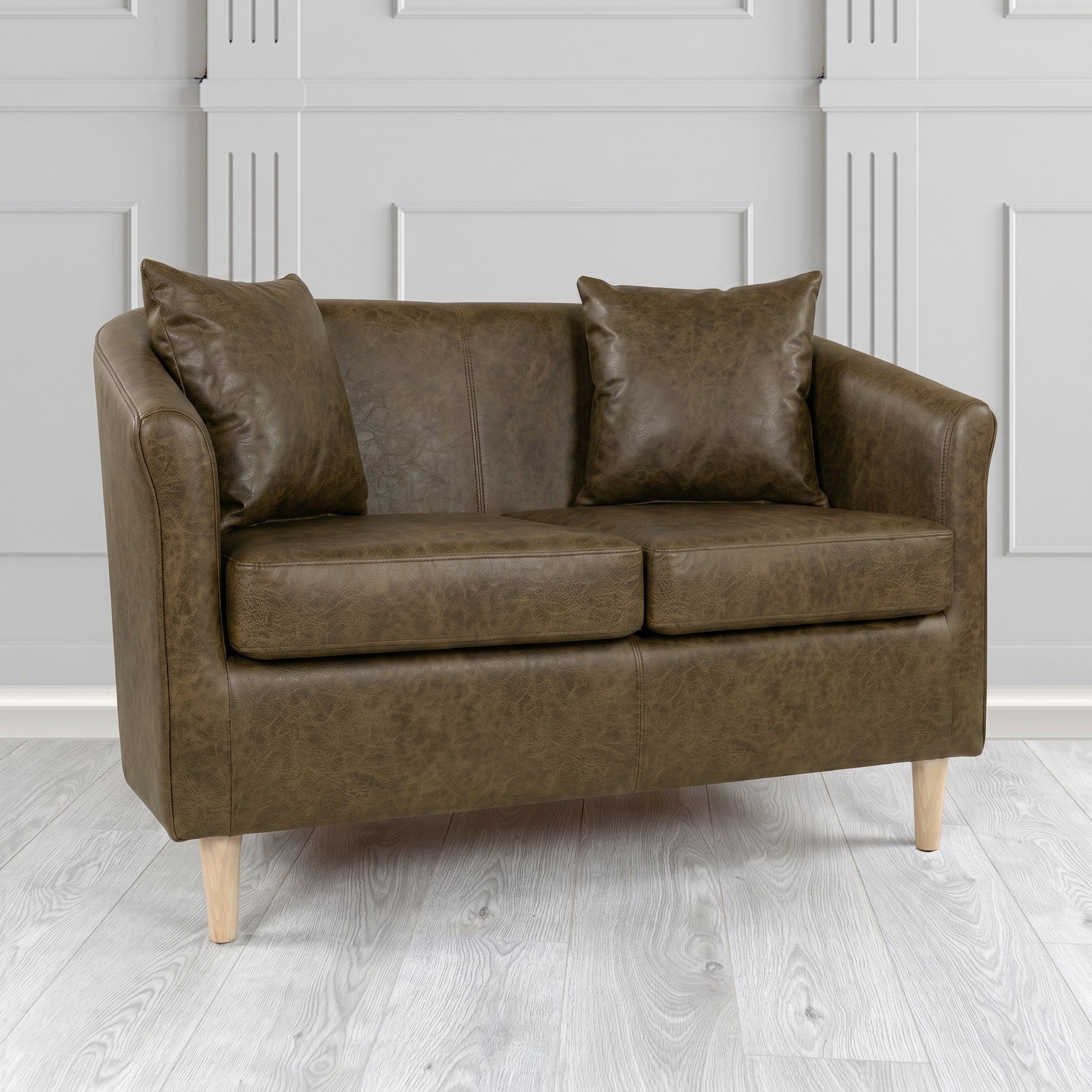 St Tropez 2 Seater Tub Sofa in Crest Leather Saloon Semi-Aniline Crib 5 Genuine Leather with Scatter Cushion