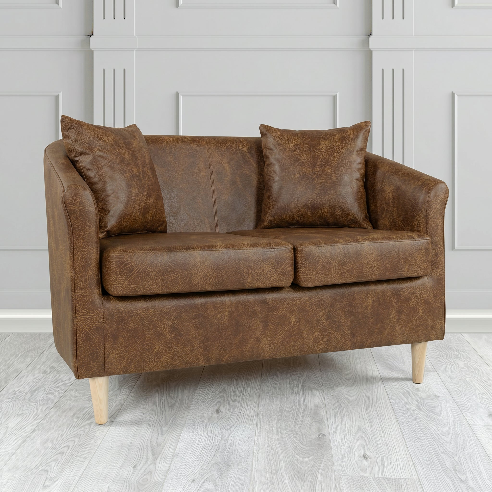 St Tropez 2 Seater Tub Sofa in Crest Leather Saloon Semi-Aniline Crib 5 Genuine Leather with Scatter Cushion