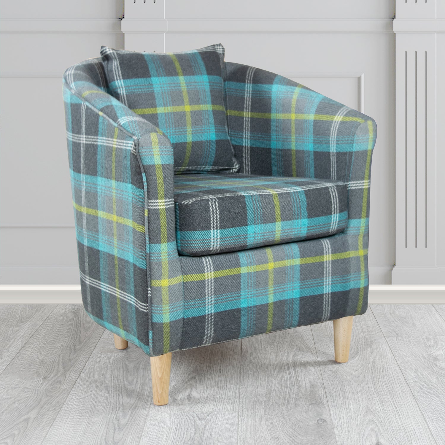 St Tropez Tub Chair in Porter and Stone Balmoral Tartan Fabric with Scatter Cushion