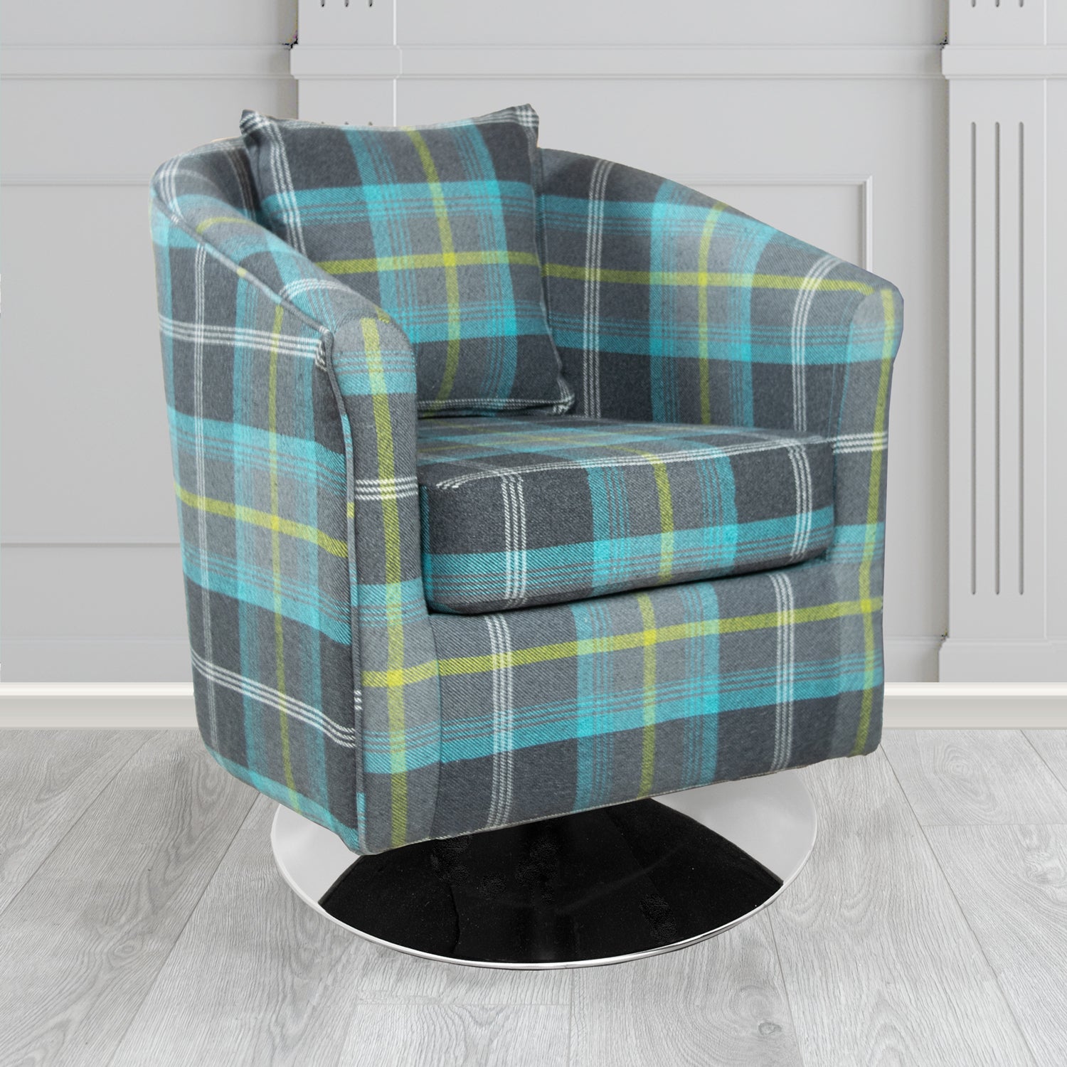St Tropez Swivel Tub Chair in Balmoral Tartan Fabric with Scatter Cushion