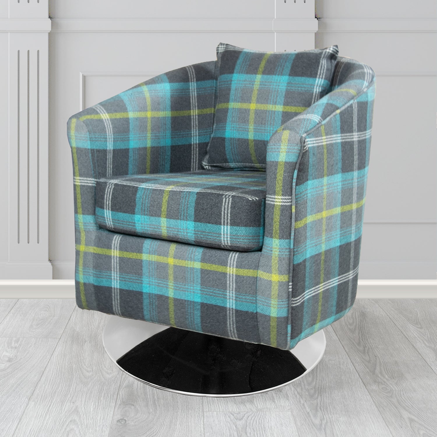 St Tropez Swivel Tub Chair in Balmoral Tartan Fabric with Scatter Cushion