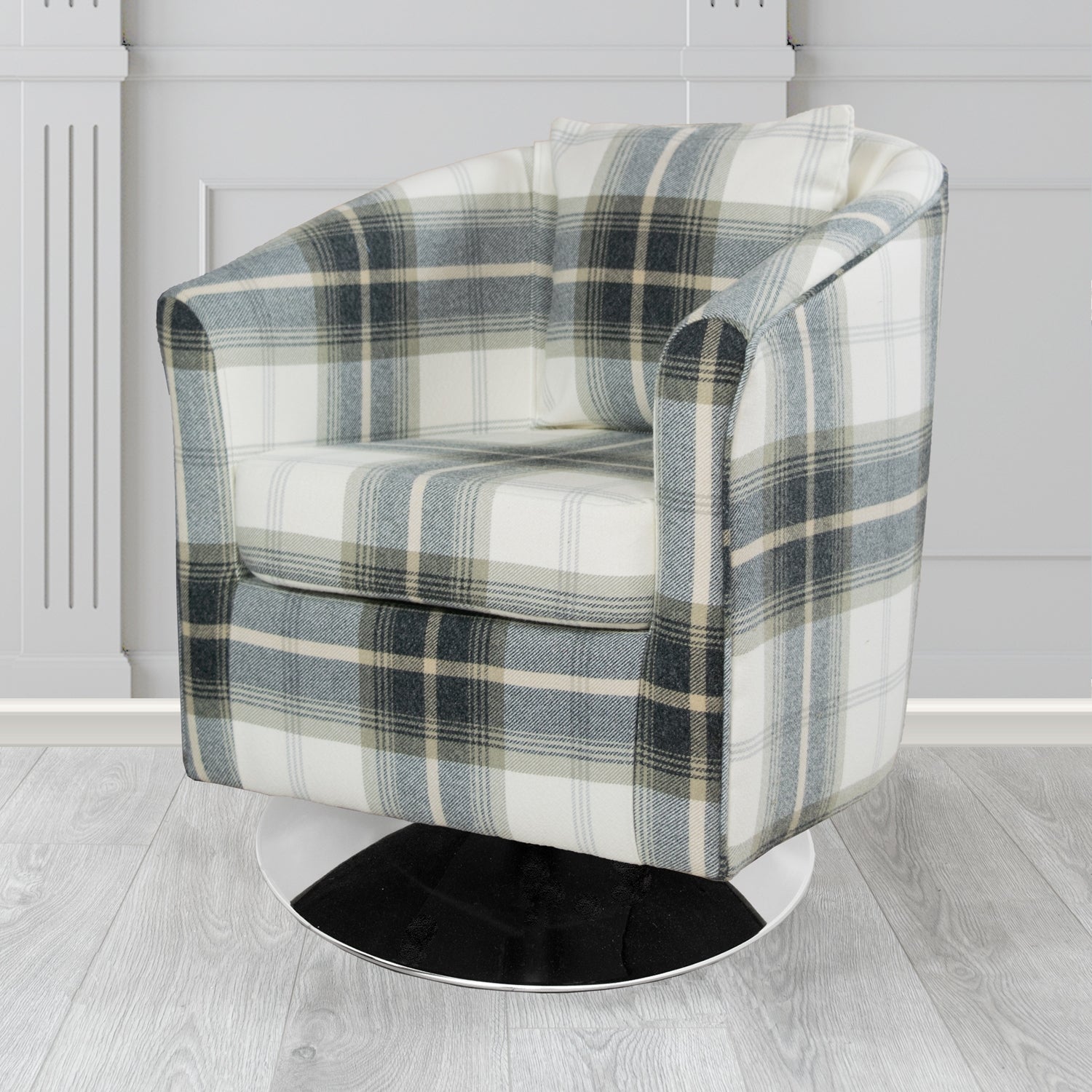 St Tropez Swivel Tub Chair in Balmoral Tartan Fabric with Scatter Cushion