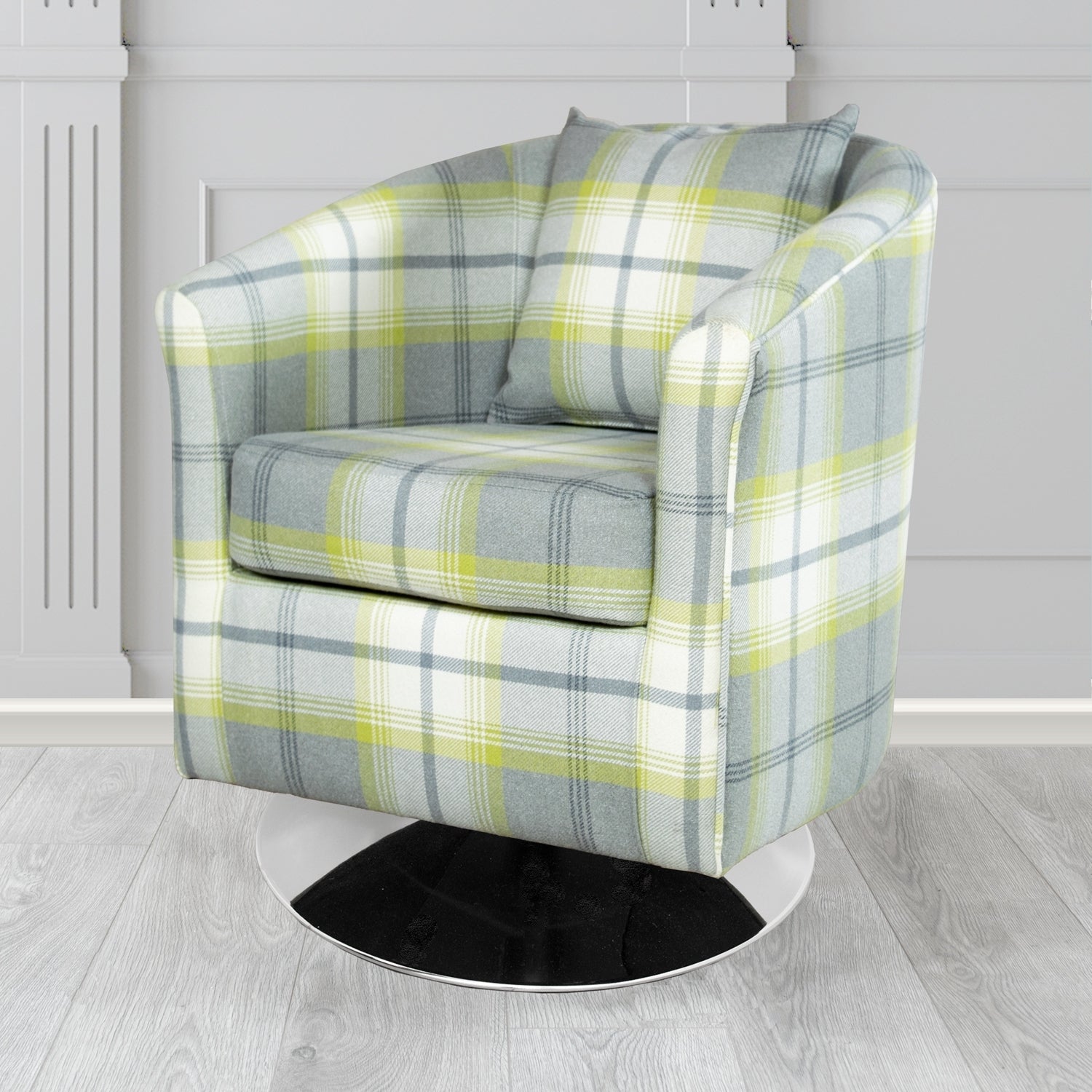 St Tropez Swivel Tub Chair in Balmoral Tartan Fabric with Scatter Cushion