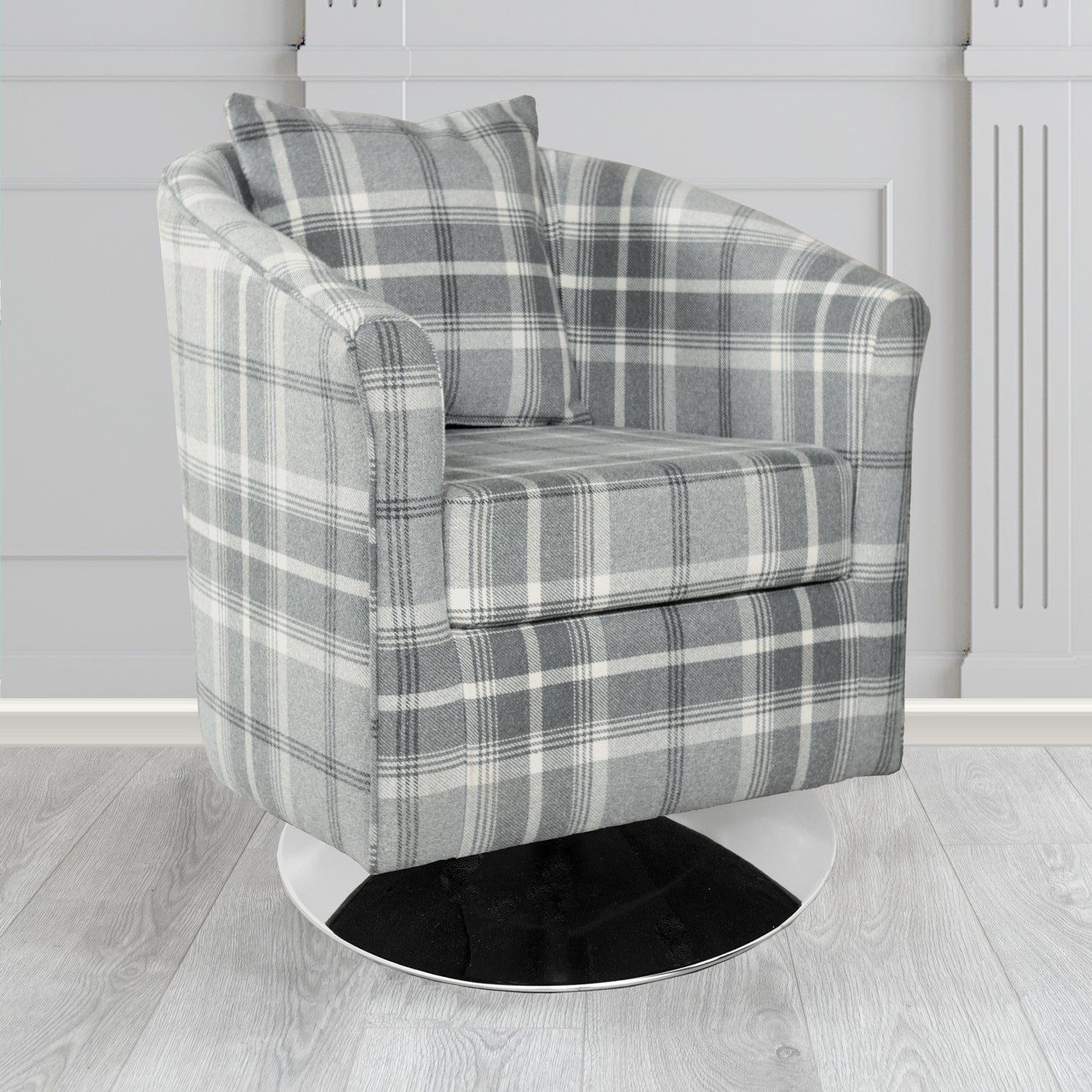 St Tropez Swivel Tub Chair in Balmoral Tartan Fabric with Scatter Cushion