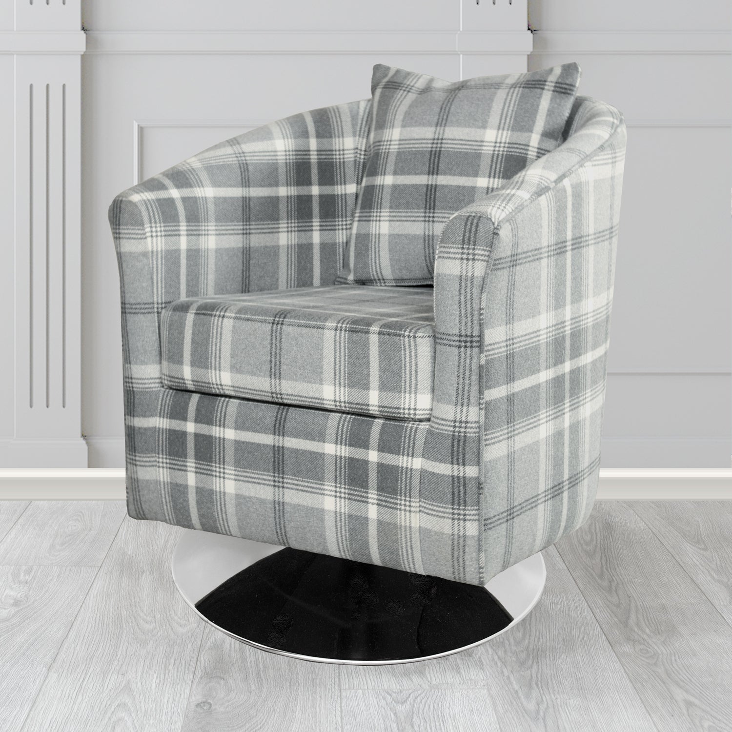 St Tropez Swivel Tub Chair in Balmoral Tartan Fabric with Scatter Cushion