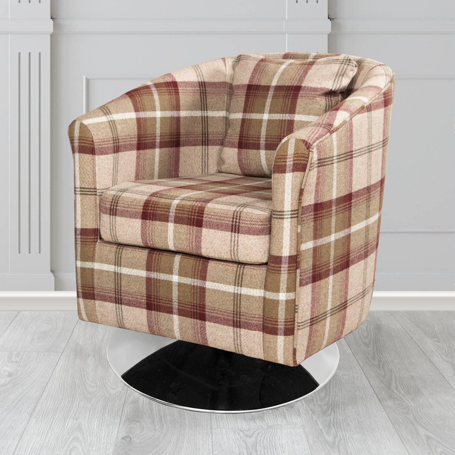 St Tropez Swivel Tub Chair in Balmoral Tartan Fabric with Scatter Cushion