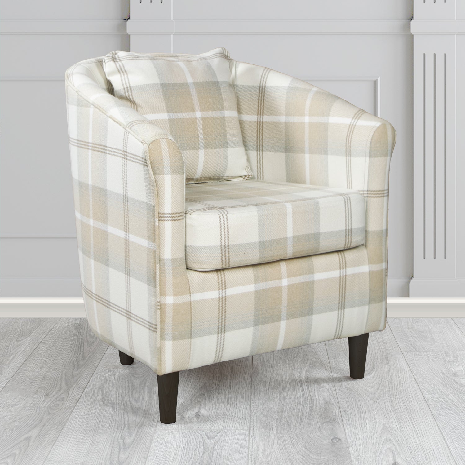 St Tropez Tub Chair in Porter and Stone Balmoral Tartan Fabric with Scatter Cushion