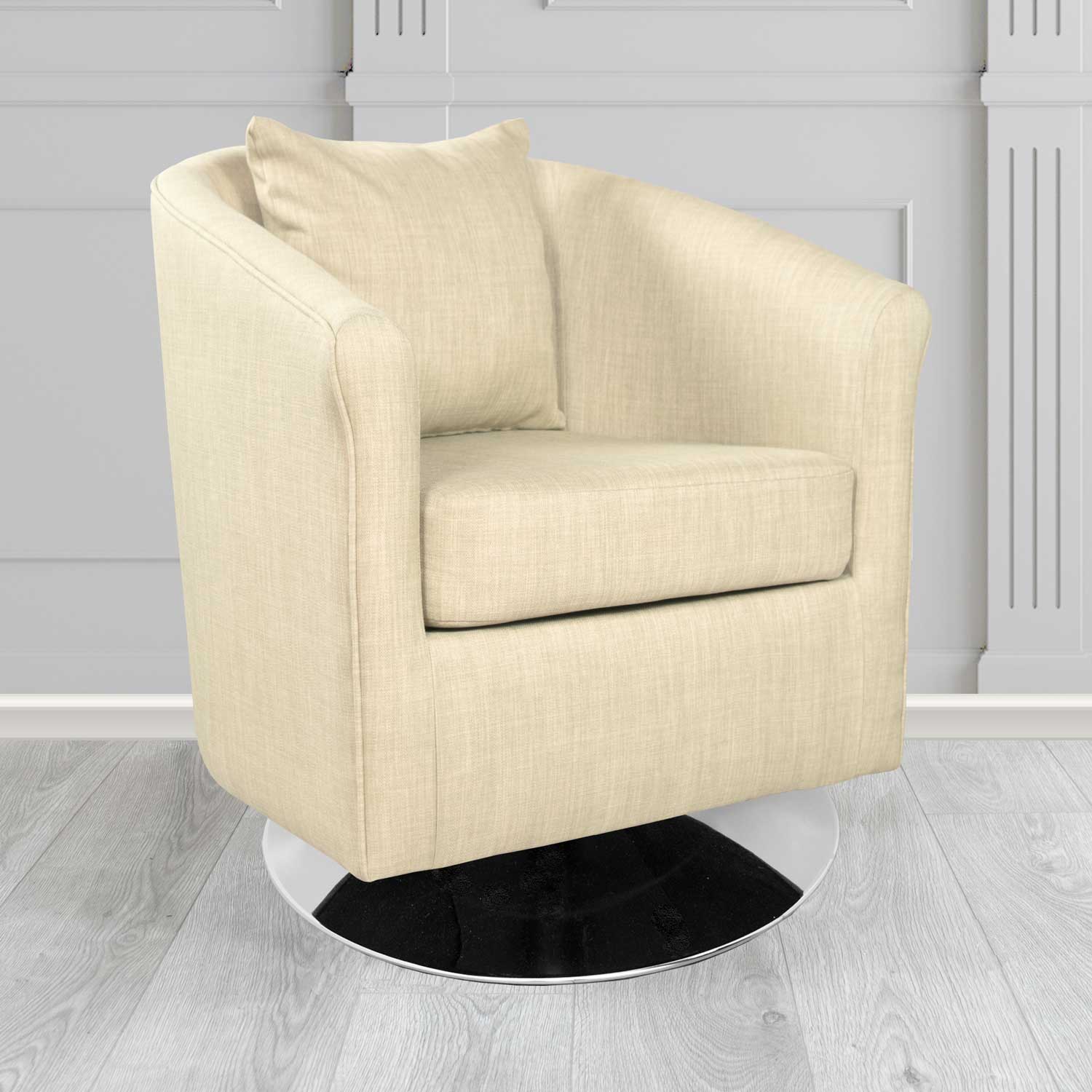 St Tropez Swivel Tub Chair in Tubz Charles Plain Linen Fabric with Scatter Cushion