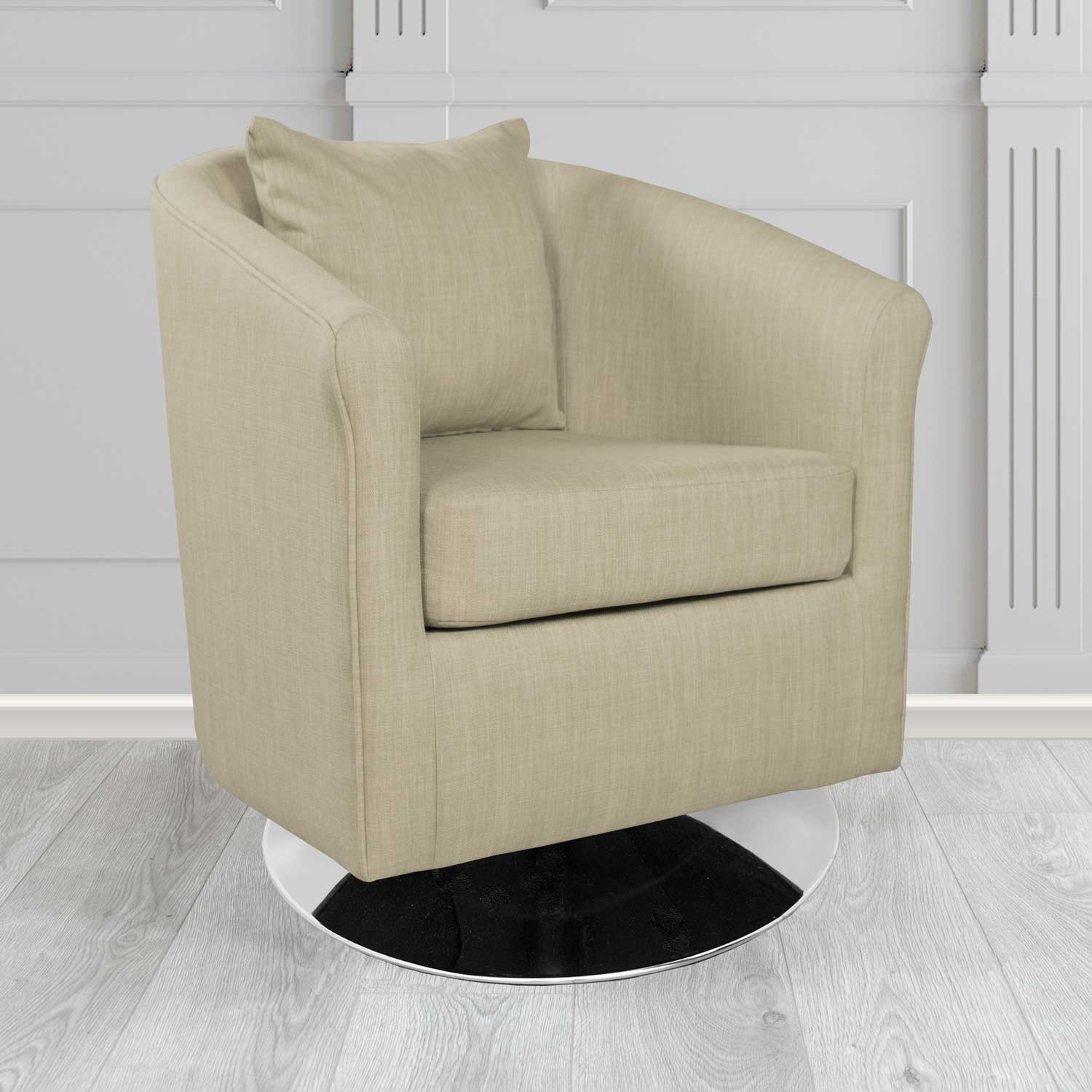 St Tropez Swivel Tub Chair in Tubz Charles Plain Linen Fabric with Scatter Cushion