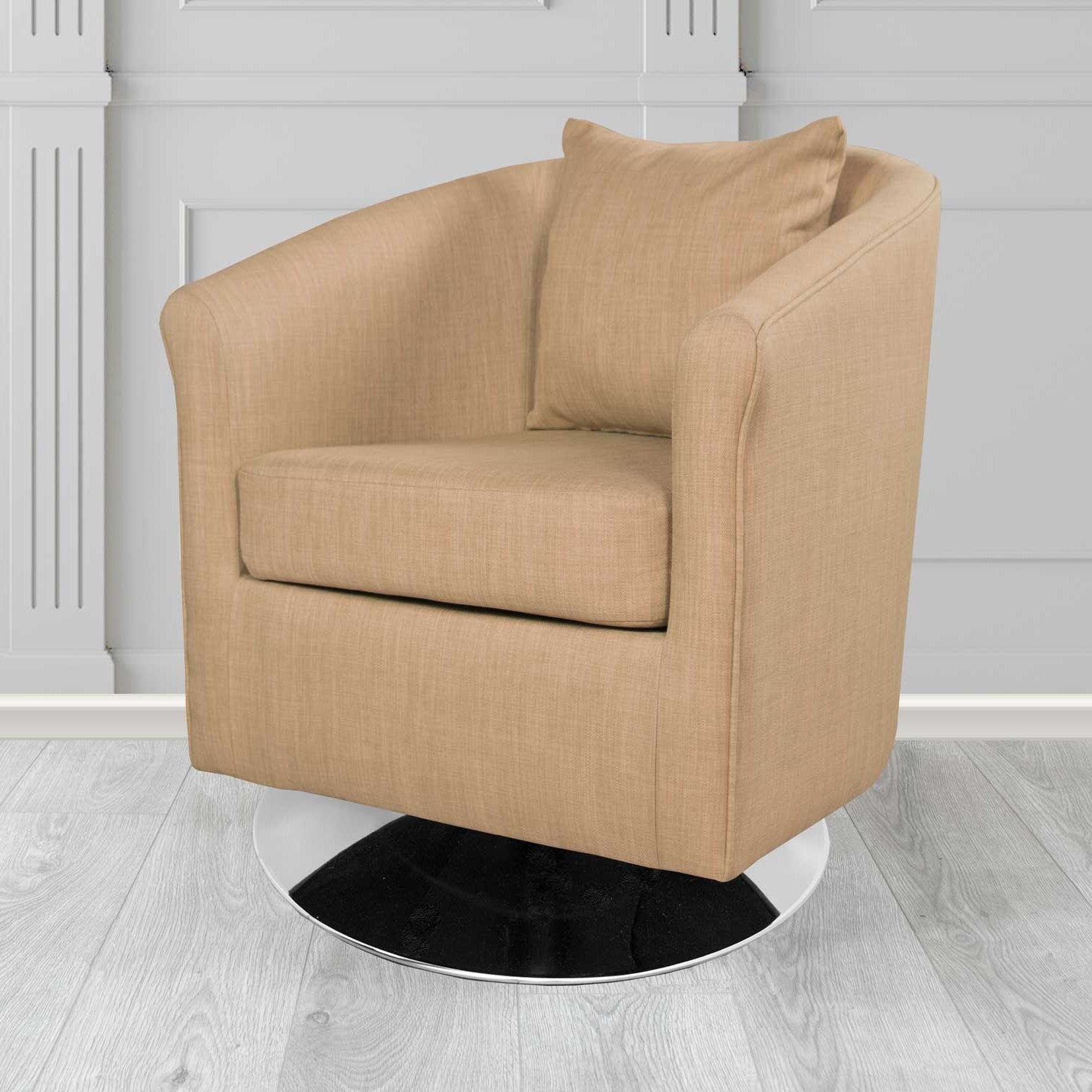 St Tropez Swivel Tub Chair in Tubz Charles Plain Linen Fabric with Scatter Cushion