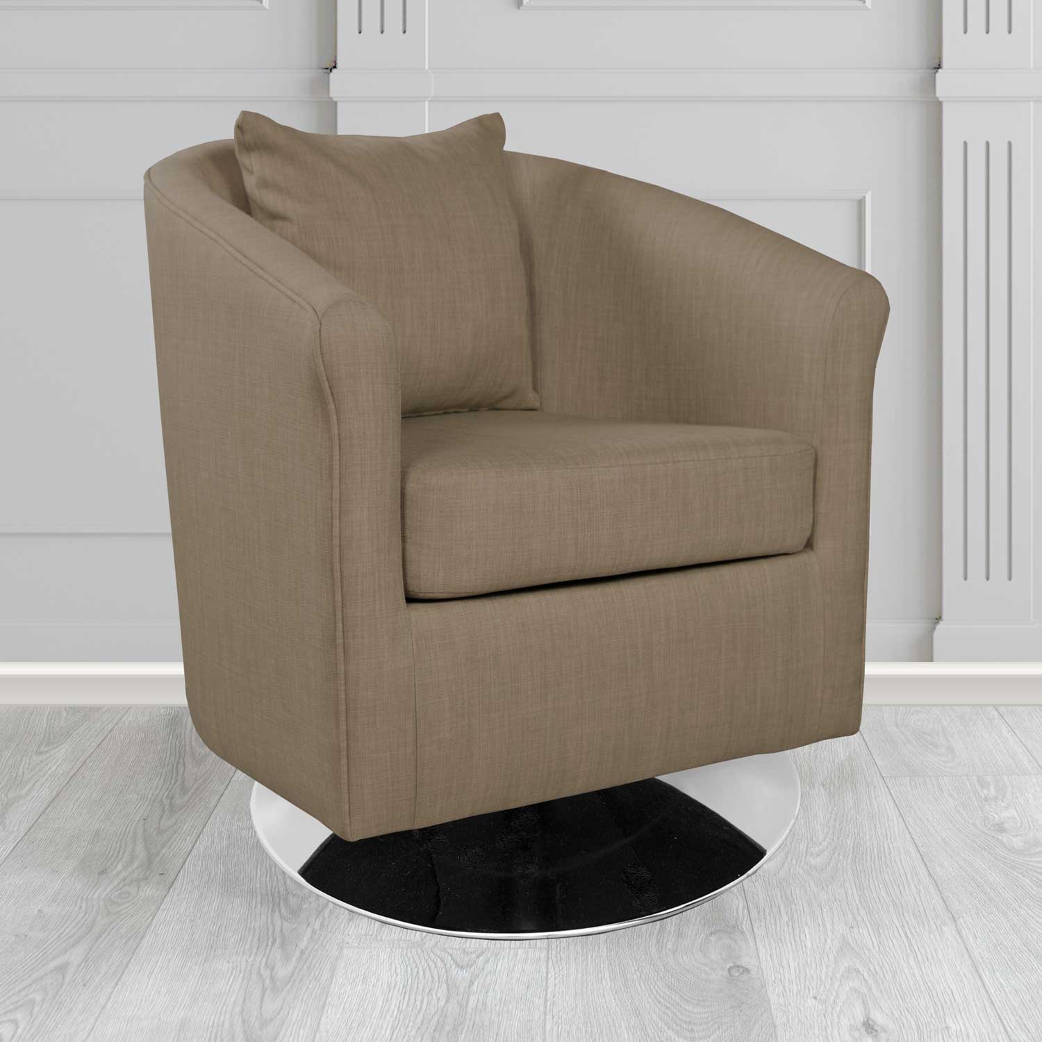 St Tropez Swivel Tub Chair in Tubz Charles Plain Linen Fabric with Scatter Cushion