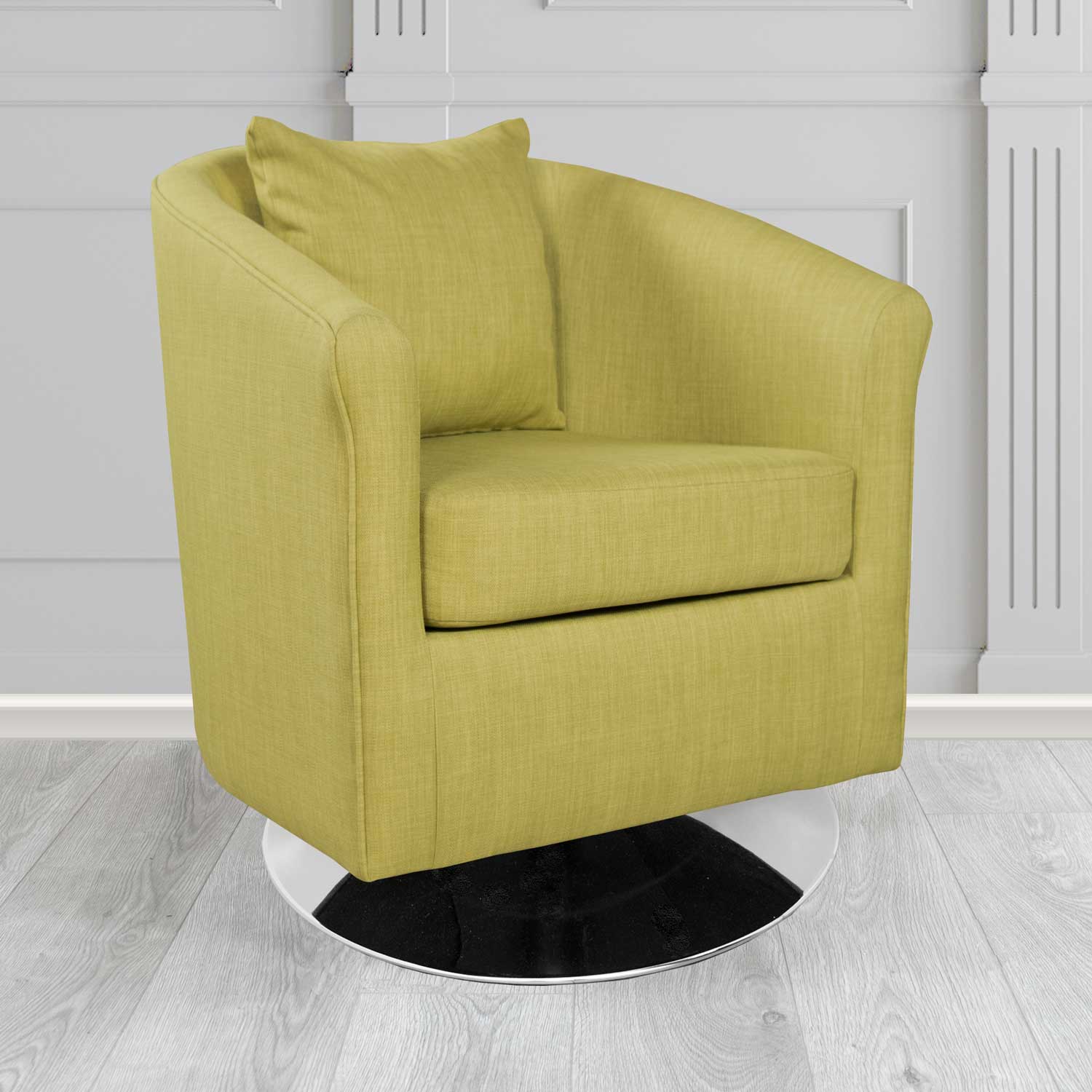 St Tropez Swivel Tub Chair in Charles Plain Linen Fabric with Scatter Cushion