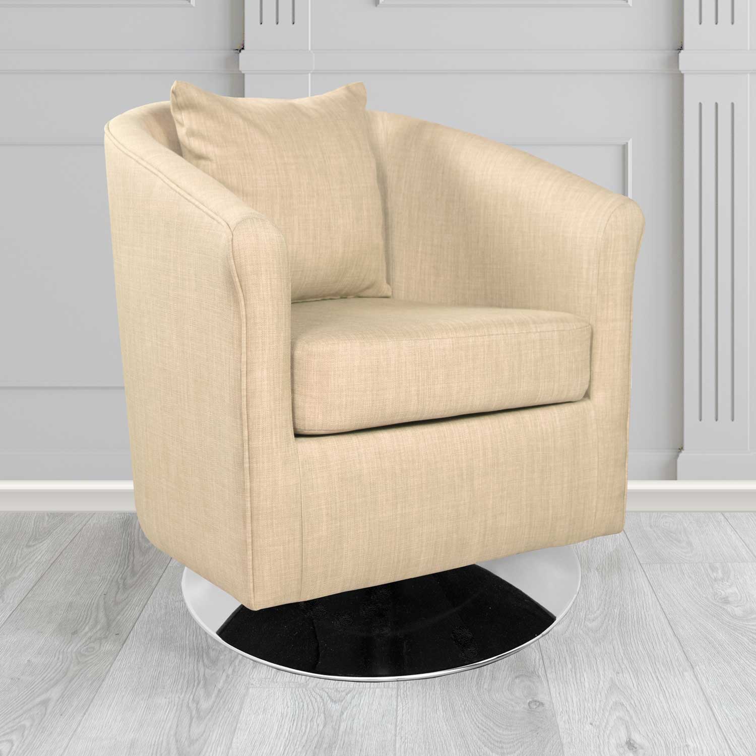 St Tropez Swivel Tub Chair in Charles Plain Linen Fabric with Scatter Cushion